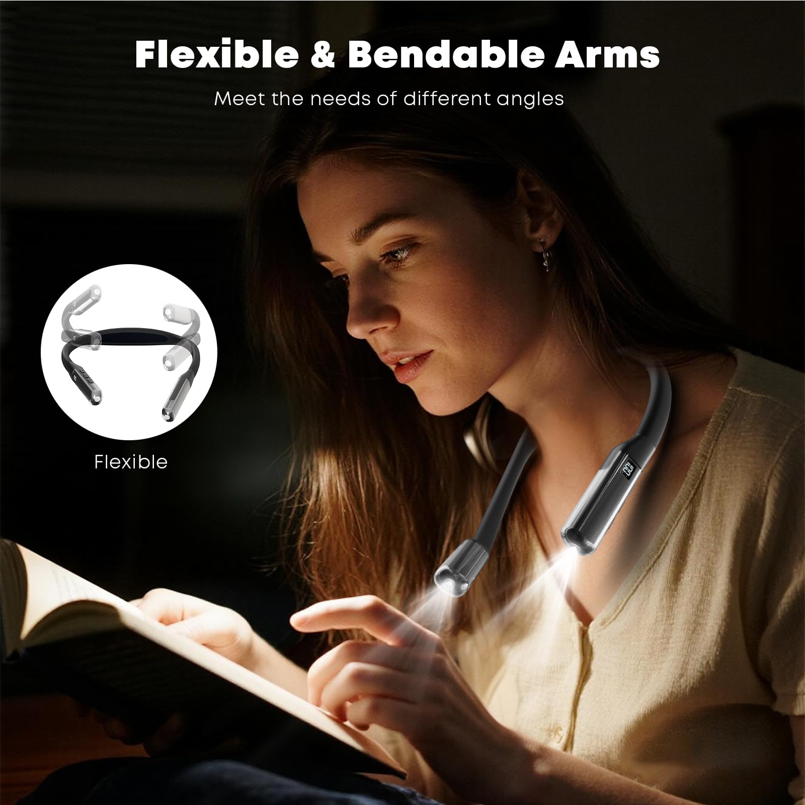 Hals-Leselampe mit flexiblen, biegsamen Armen am Nacken, LED, schwarz
