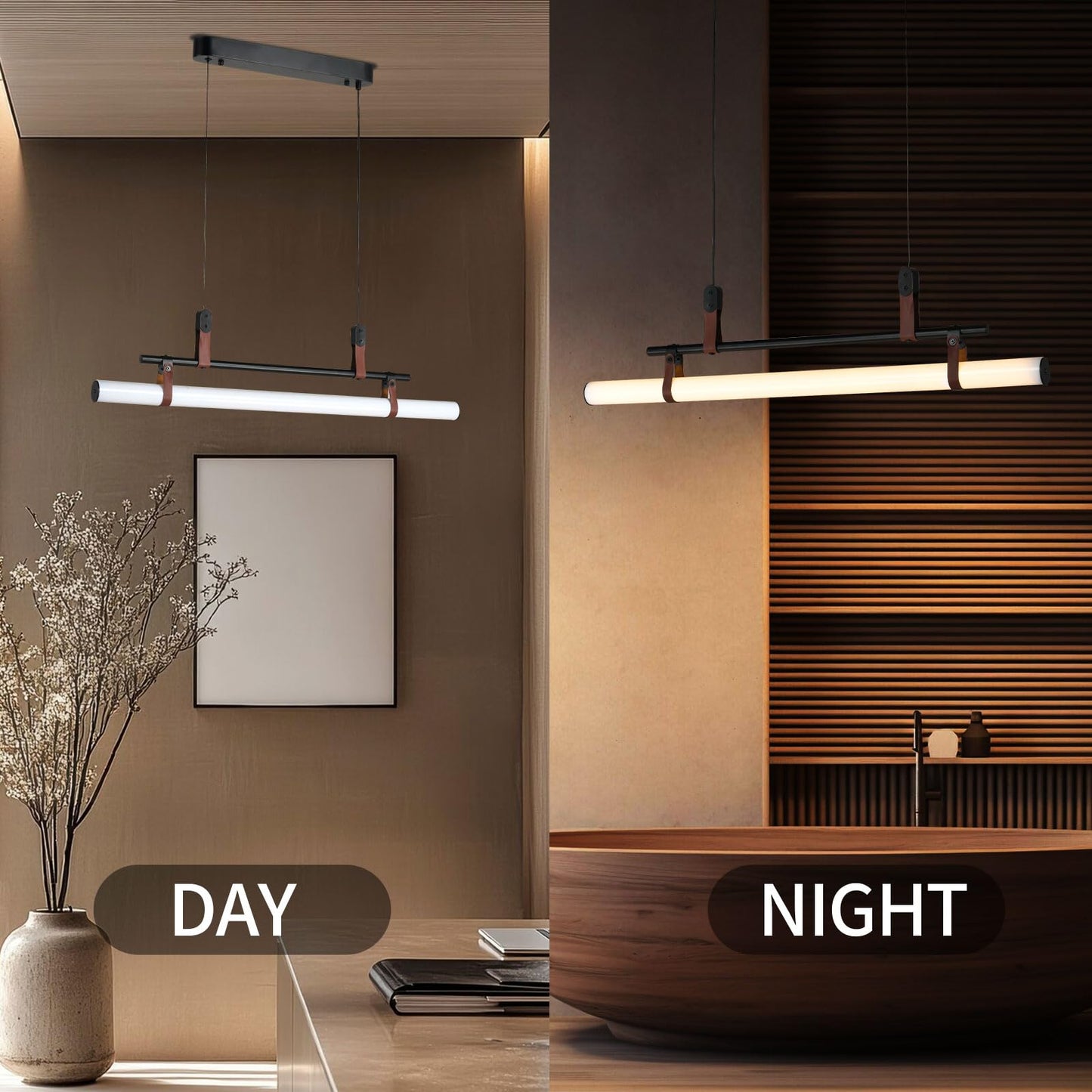 Pendelleuchte mit LED-Lichtbalken, schwarzem Metall und braunen Lederbändern, warmweißes Licht