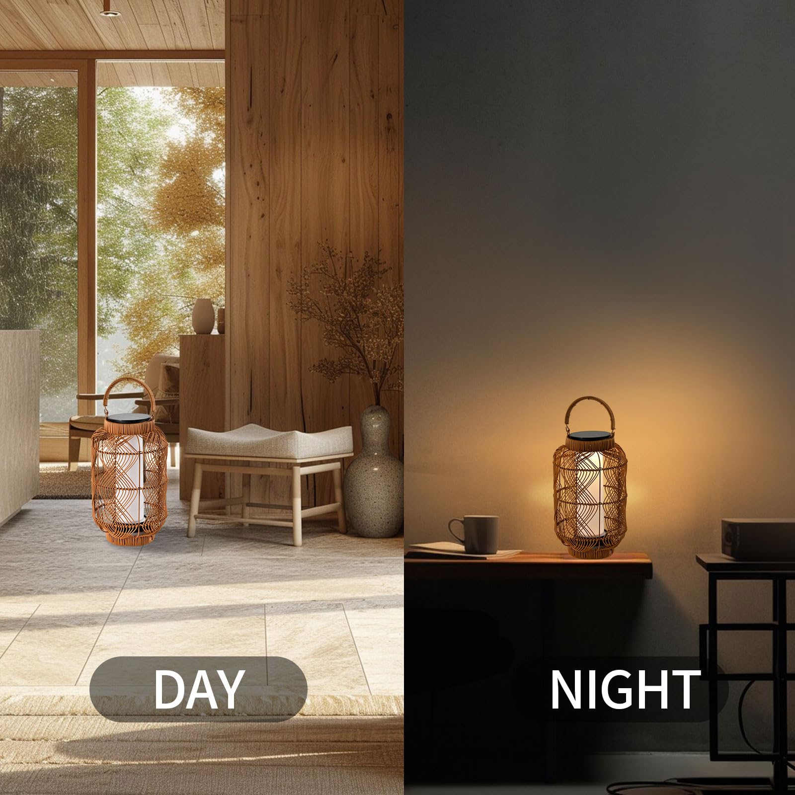 Rattan-Solarlaterne auf Tisch, warm beleuchtet im geflochtenen Lampenkorb