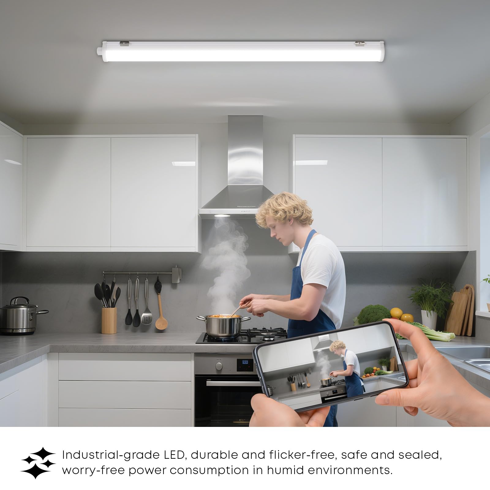 Lange LED-Deckenleuchte mit weißem Gehäuse, für Küchen- und Nassbereich