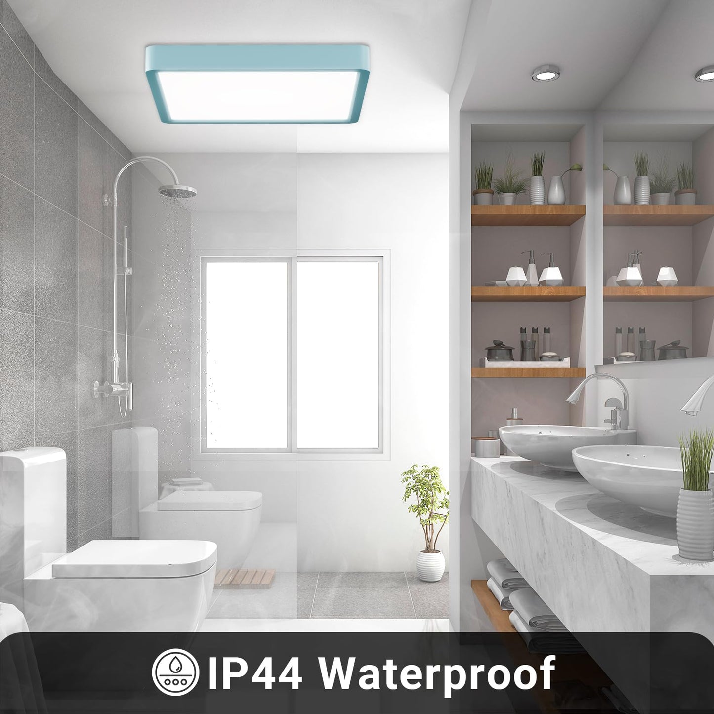 Quadratische LED-Deckenleuchte, flaches Design mit hellblauem Rahmen und diffuser Abdeckung.