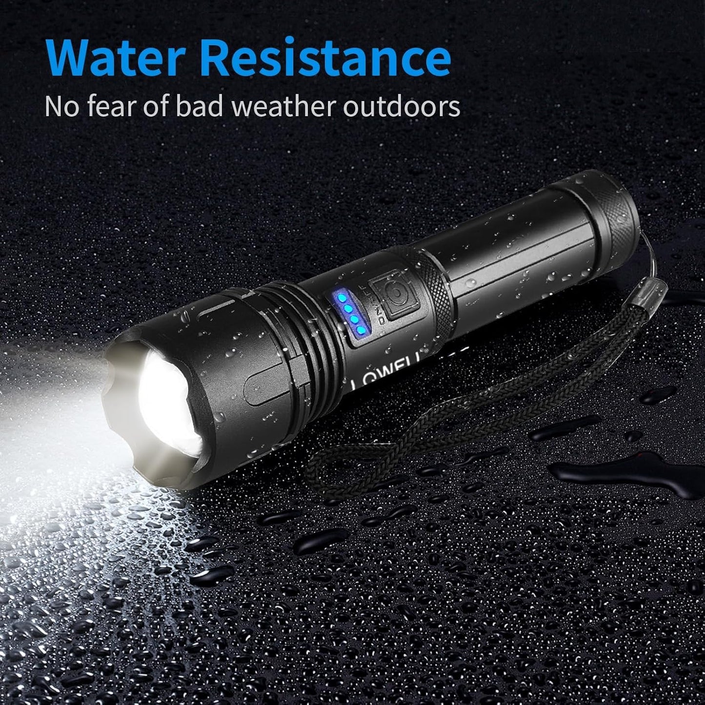 Schwarze wasserdichte LED-Taschenlampe mit hellem Lichtkegel und Spritzschutz
