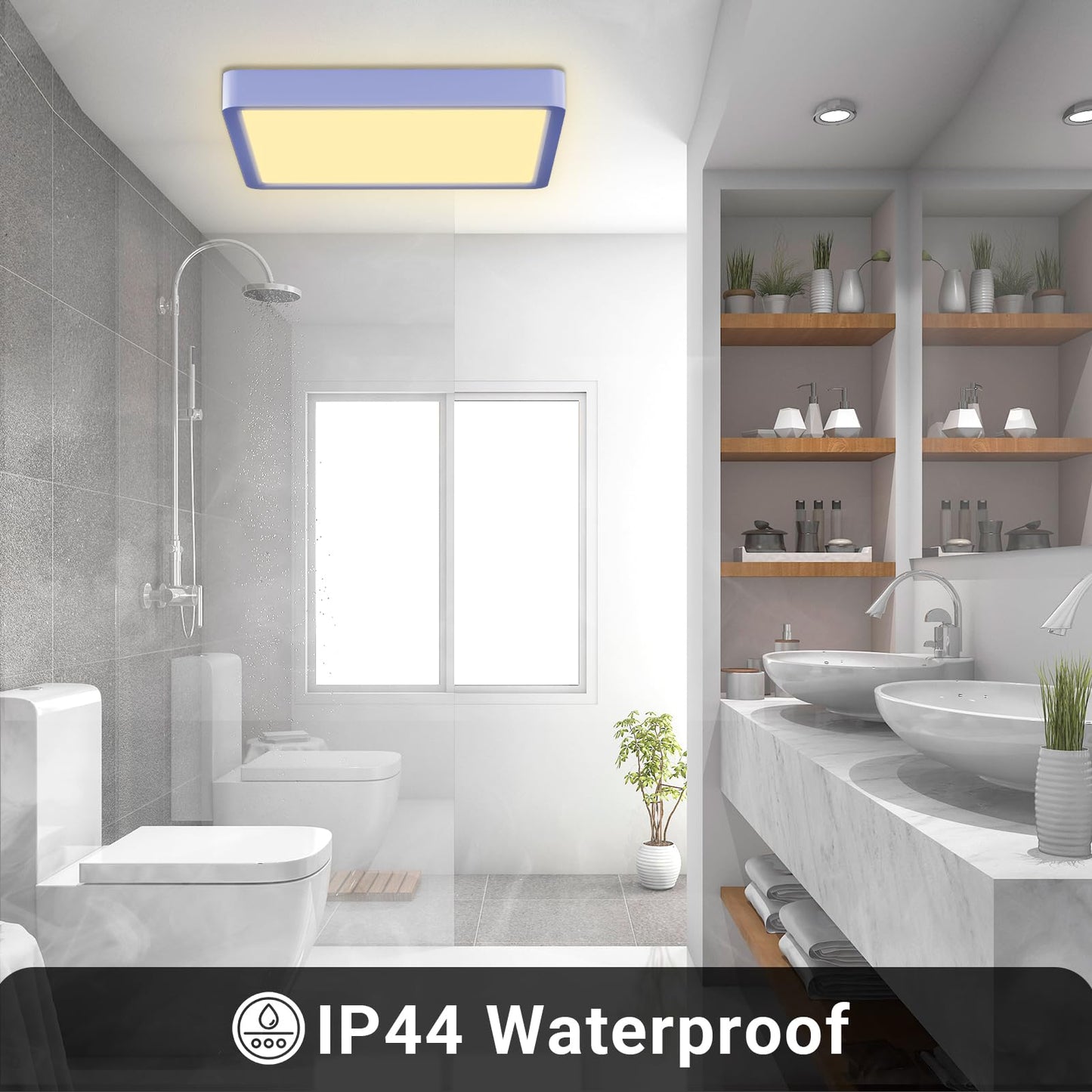 Quadratische LED-Deckenleuchte mit blauem Rahmen und warmweißem Licht im Badezimmer