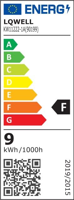 Energieeffizienzlabel mit Einstufung F und QR-Code, Verbrauch 9 kWh/1000h