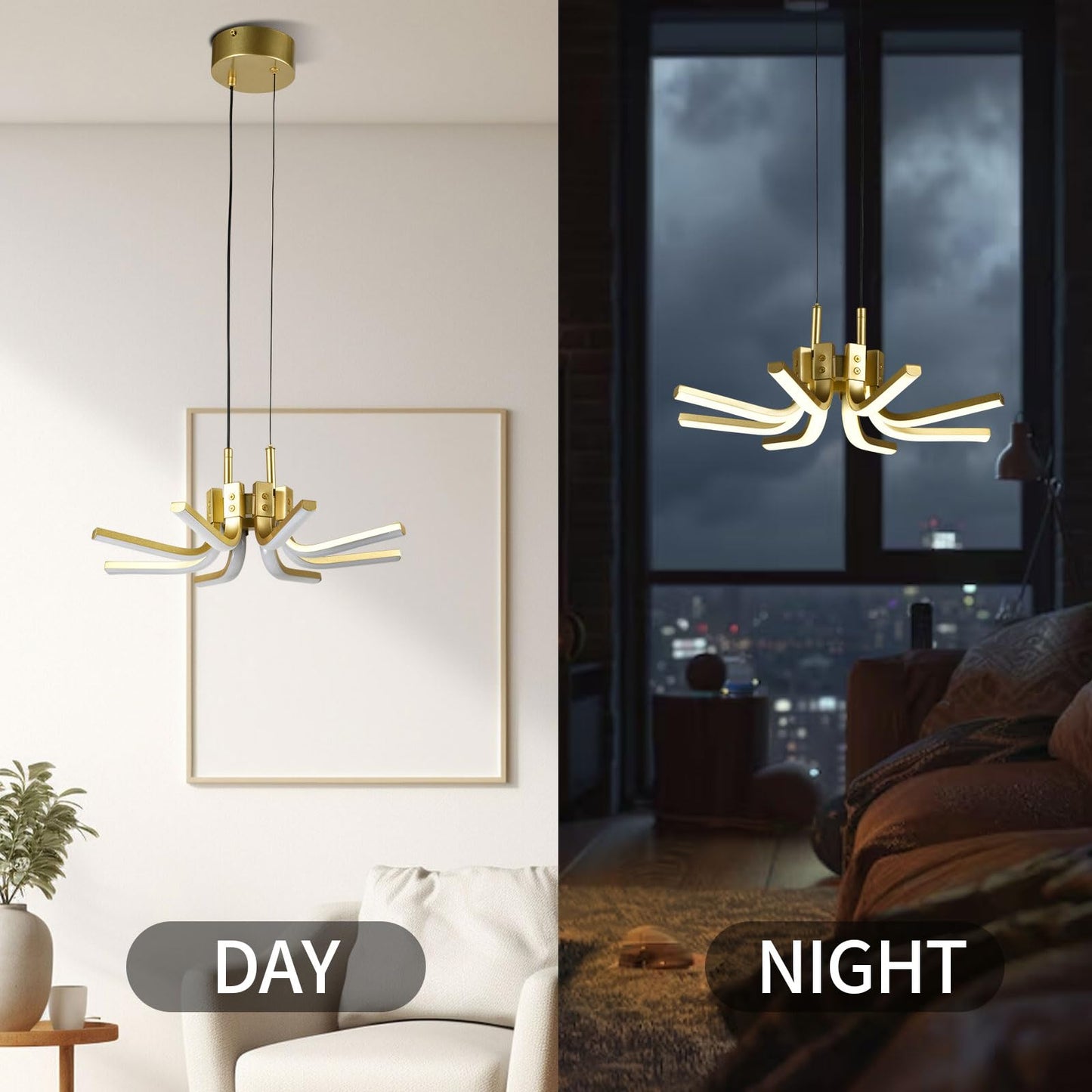 LED-Kronleuchter im Wohnraum, goldfarbene Arme mit weißen Diffusoren, hängend
