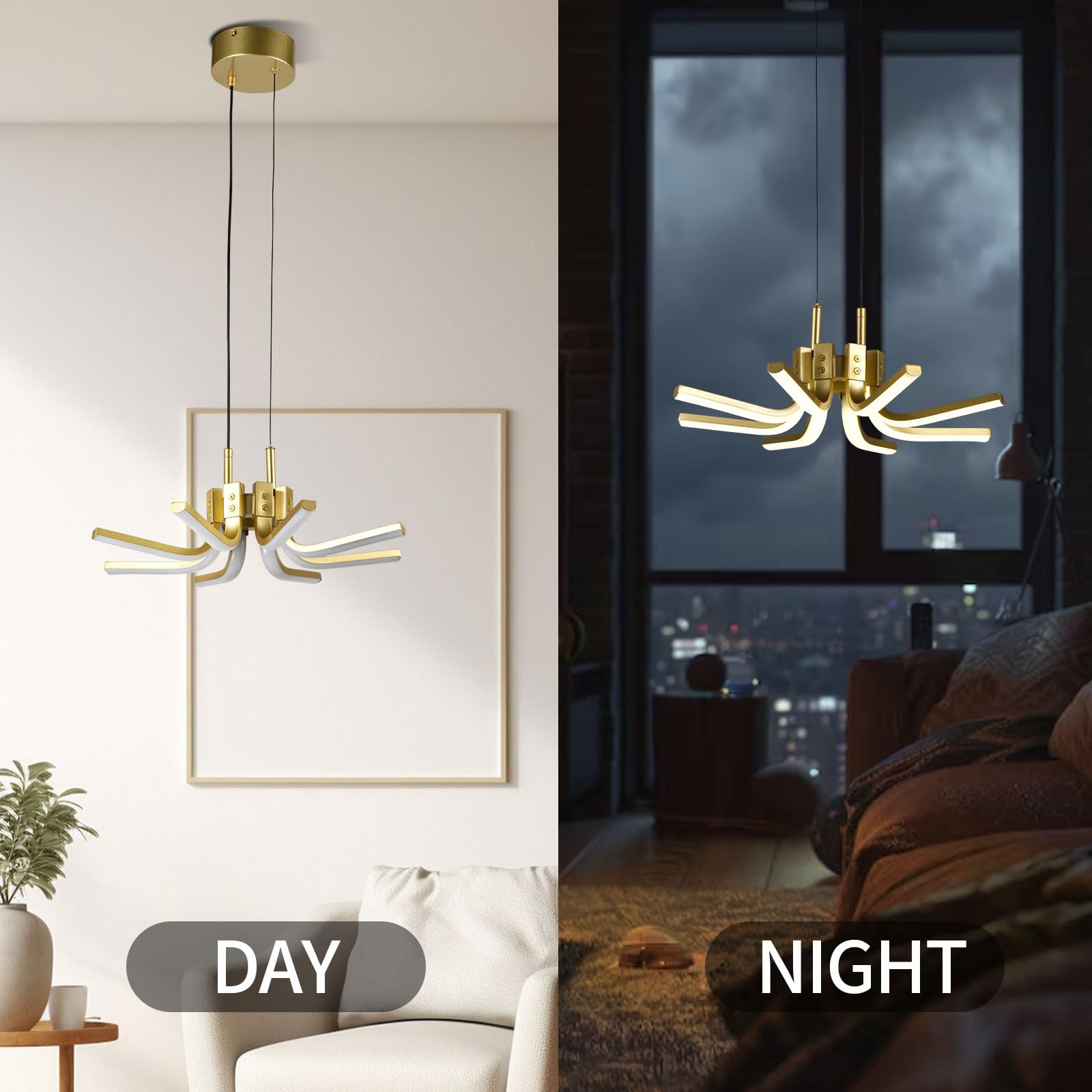 LED-Kronleuchter im Wohnraum, goldfarbene Arme mit weißen Diffusoren, hängend