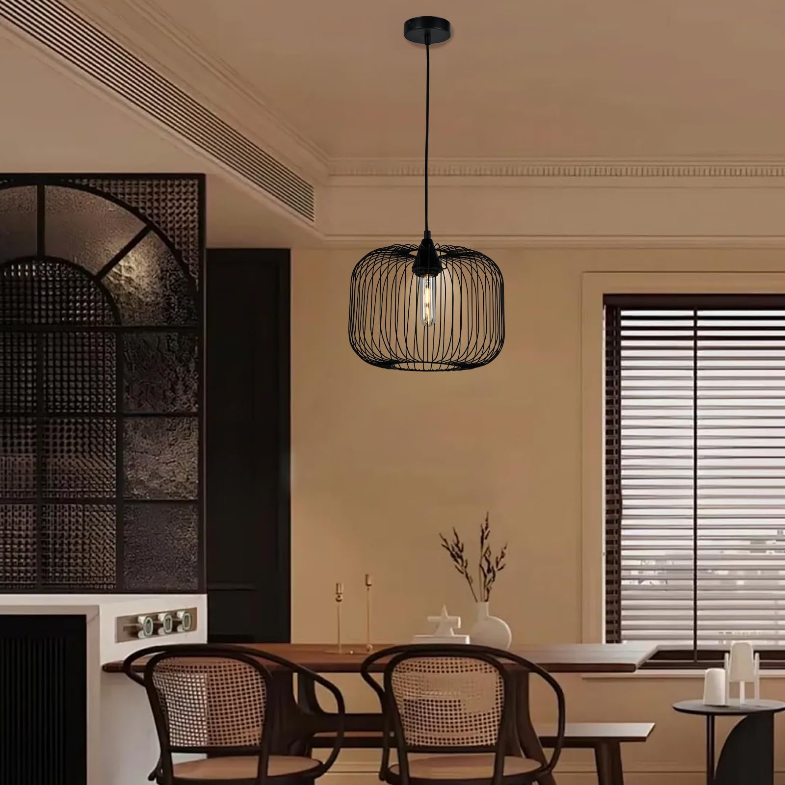 Schwarze Pendelleuchte mit rundem Drahtkäfig und E27-Lampe