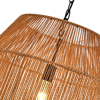 Rattan-Seilschirm mit Flechtmuster und Aufhängungskette, warmes Licht durch Lamellen