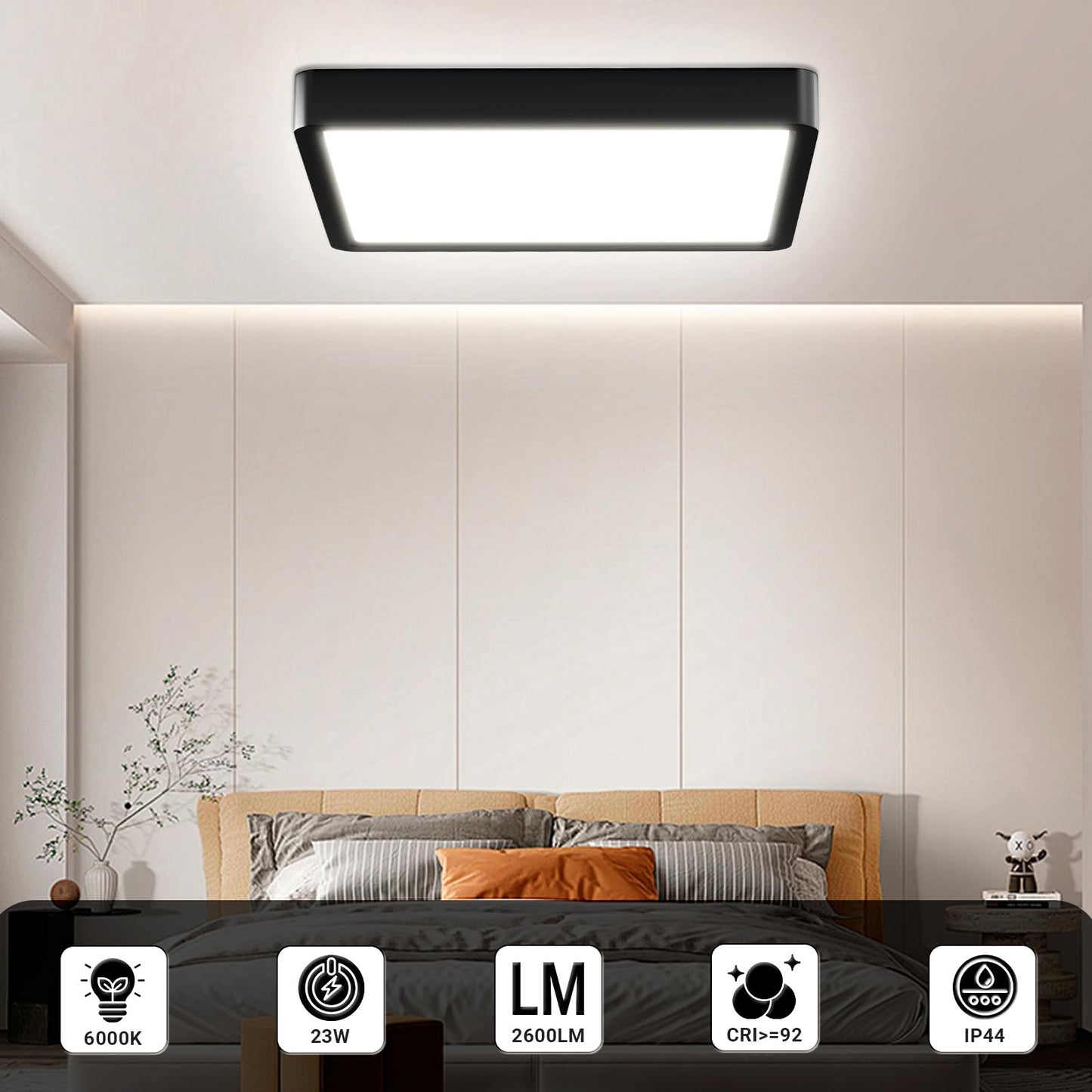 LED-Deckenleuchte mit schwarzem Außenrahmen und gleichmäßigem Lichtfeld.
