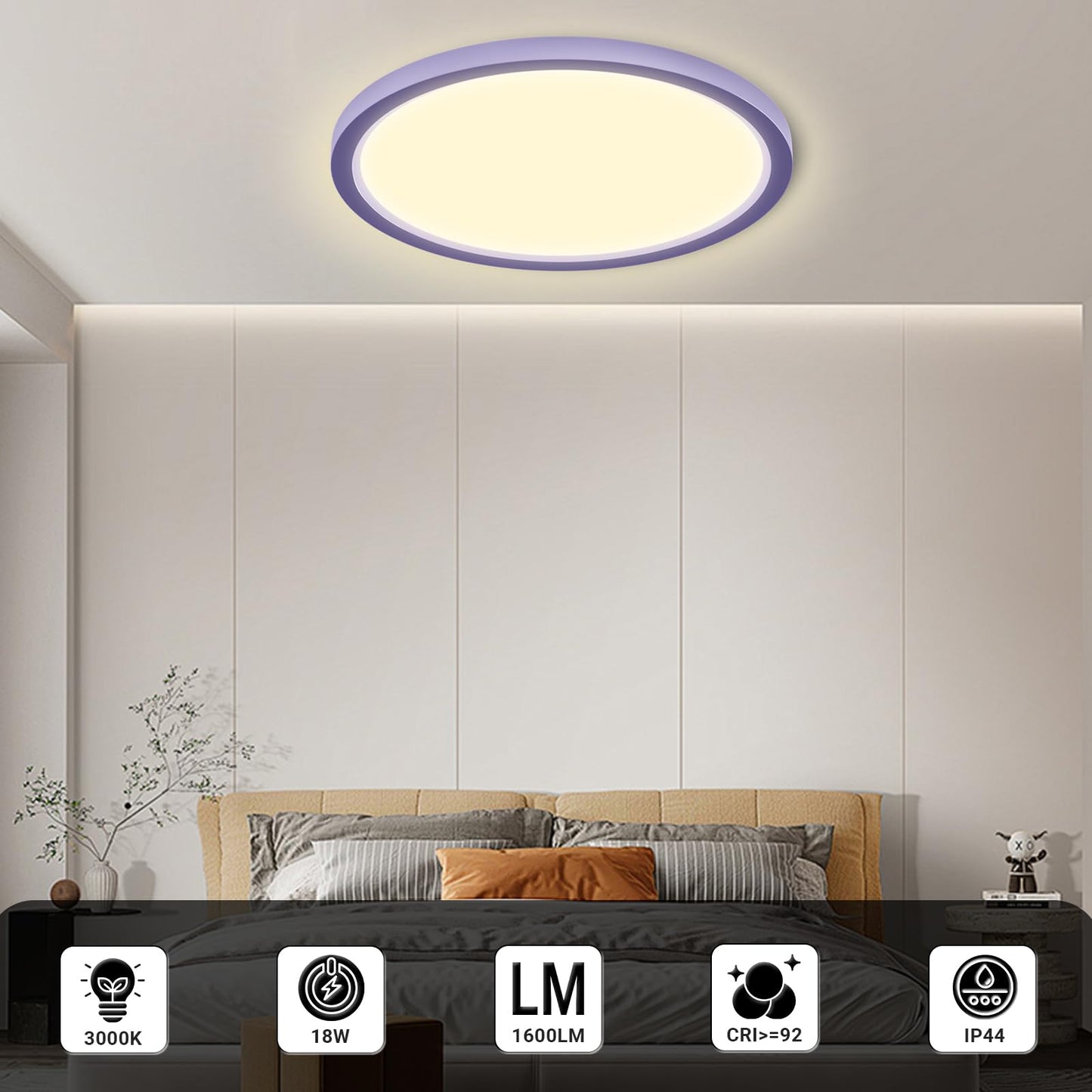 Runde LED-Deckenleuchte mit violettem Rand, warmweißes Licht