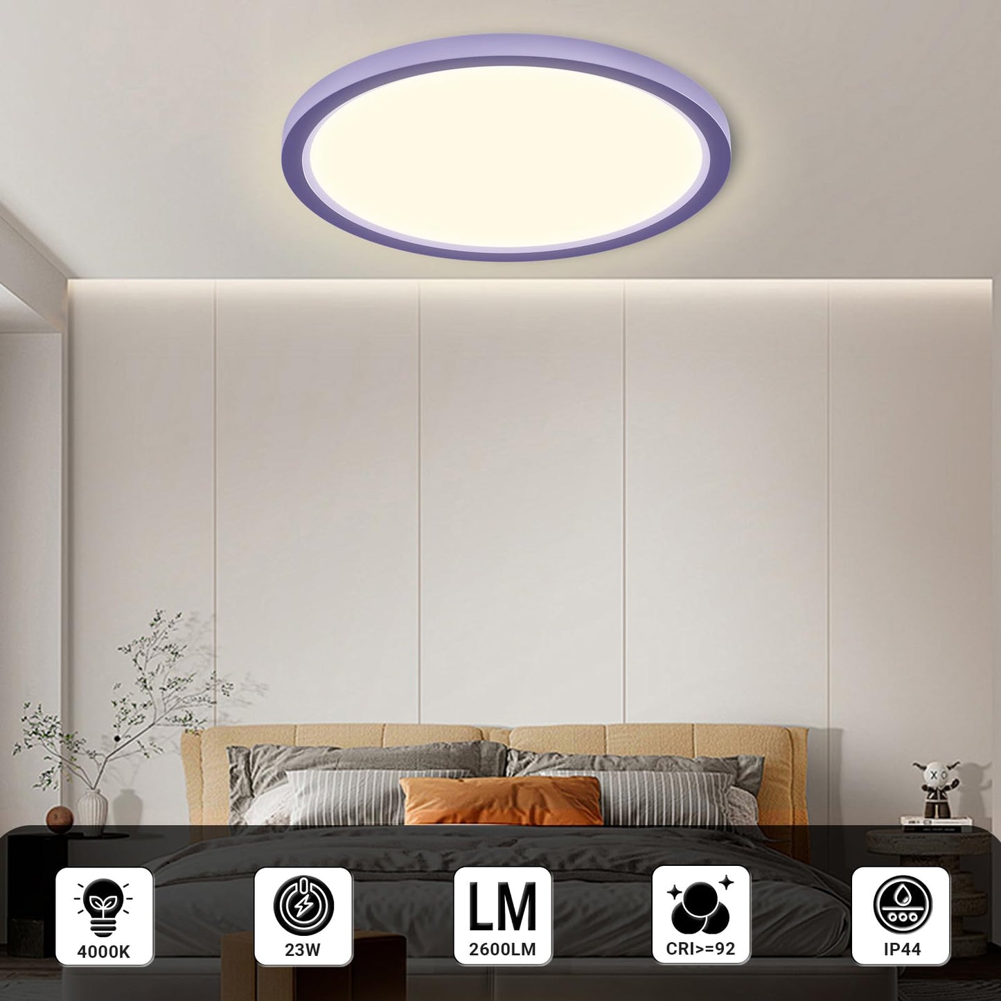 Runde LED-Deckenleuchte mit lila Ring und flachem Leuchtkreis an der Decke