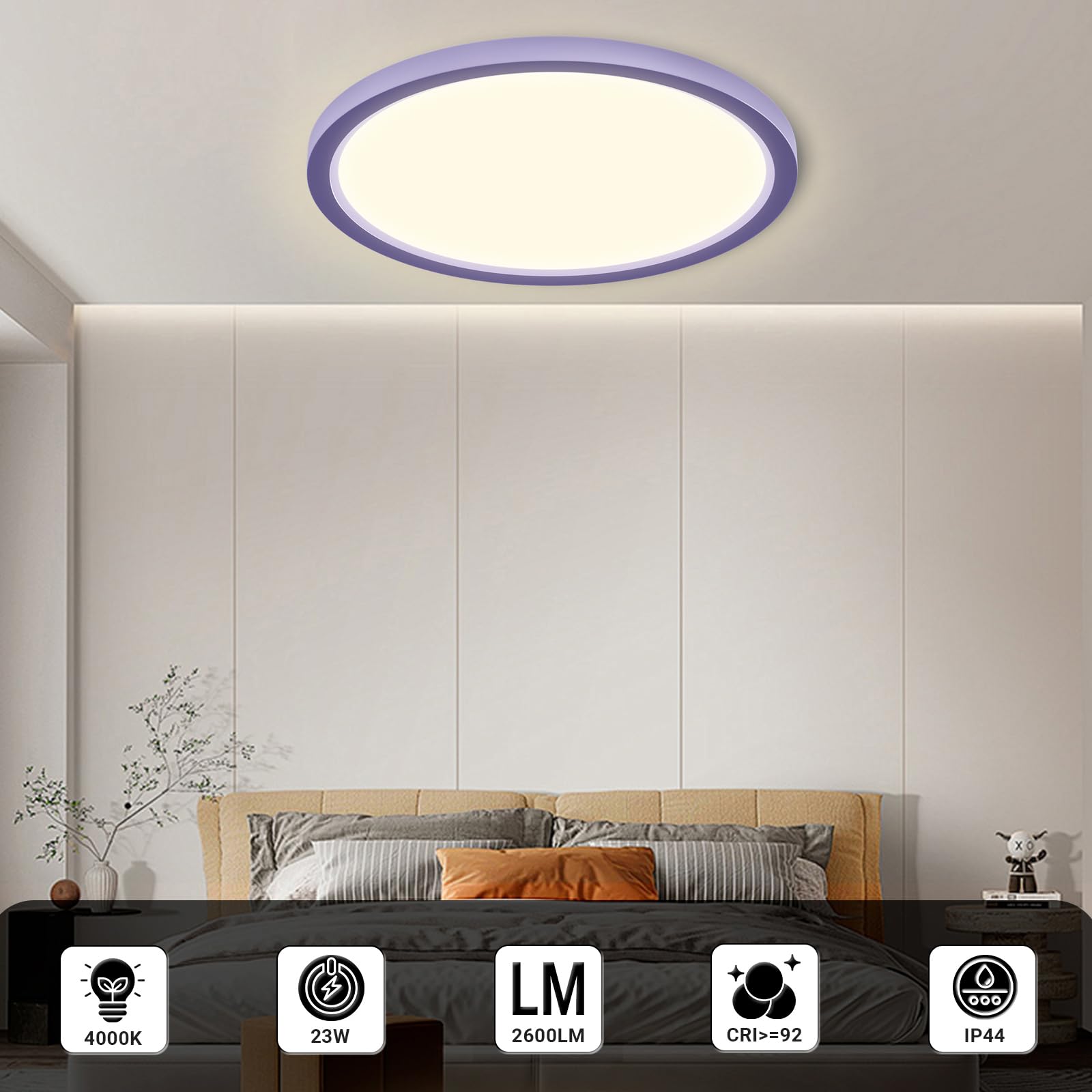 Runde LED-Deckenleuchte mit lila Ring und flachem Leuchtkreis an der Decke