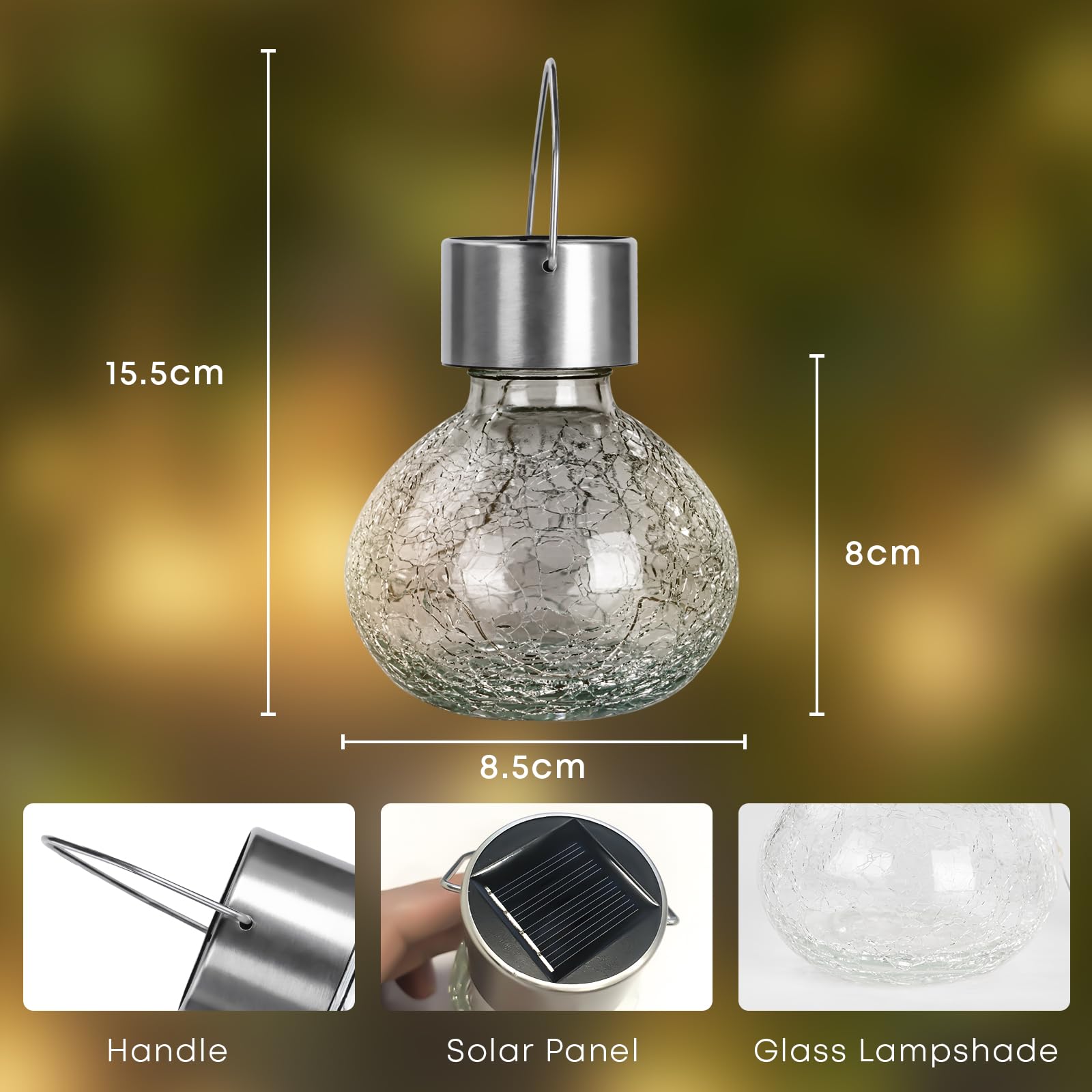 Solar-Hängeleuchte mit Crackle-Glaskugel, Maße und Solarpanel, silberner Lampenaufsatz.