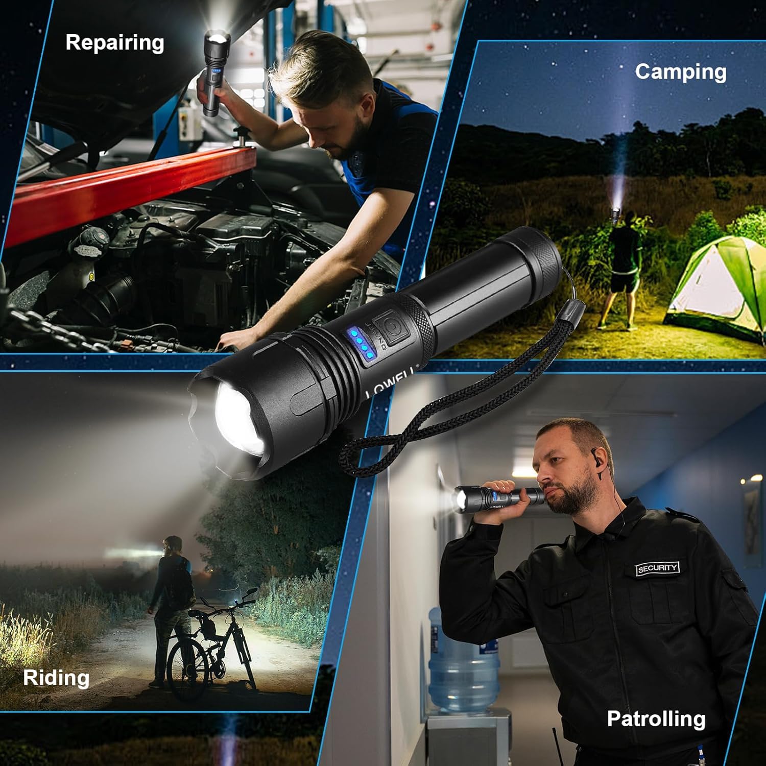 LED-Taschenlampe mit hellem Lichtkegel, blauem Tastenfeld und Trageschlaufe