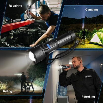 LED-Taschenlampe mit hellem Lichtkegel, blauem Tastenfeld und Trageschlaufe