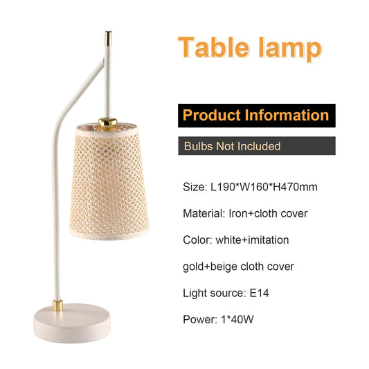 Tischlampe mit beigem Stoffschirm, weißem Fuß und gebogenen Ständer mit goldfarbenem Sockel
