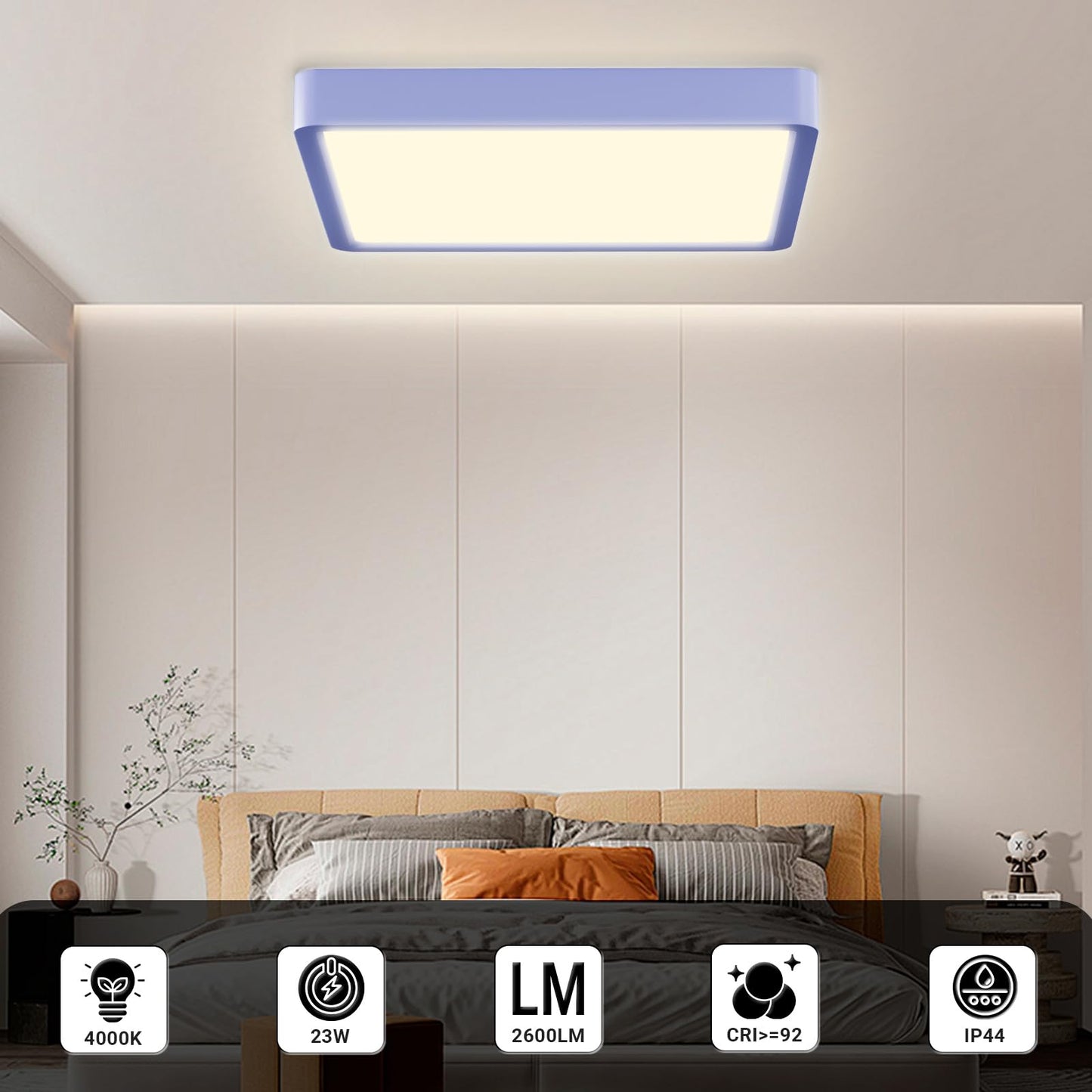 Quadratische LED-Deckenleuchte mit blau-lila Umrandung, flaches Deckendesign