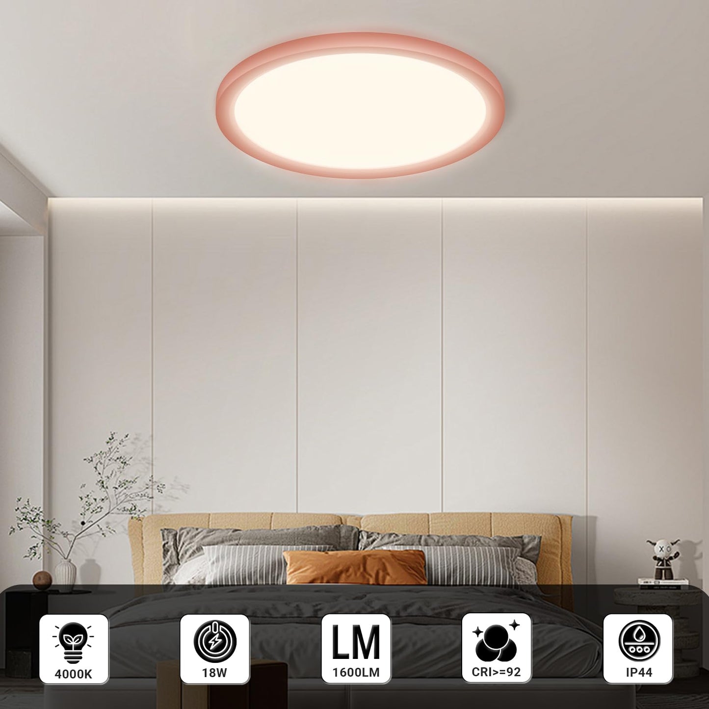 Runde LED-Deckenleuchte mit rosafarbenem Ring, flache Deckenmontage im Wohnraum