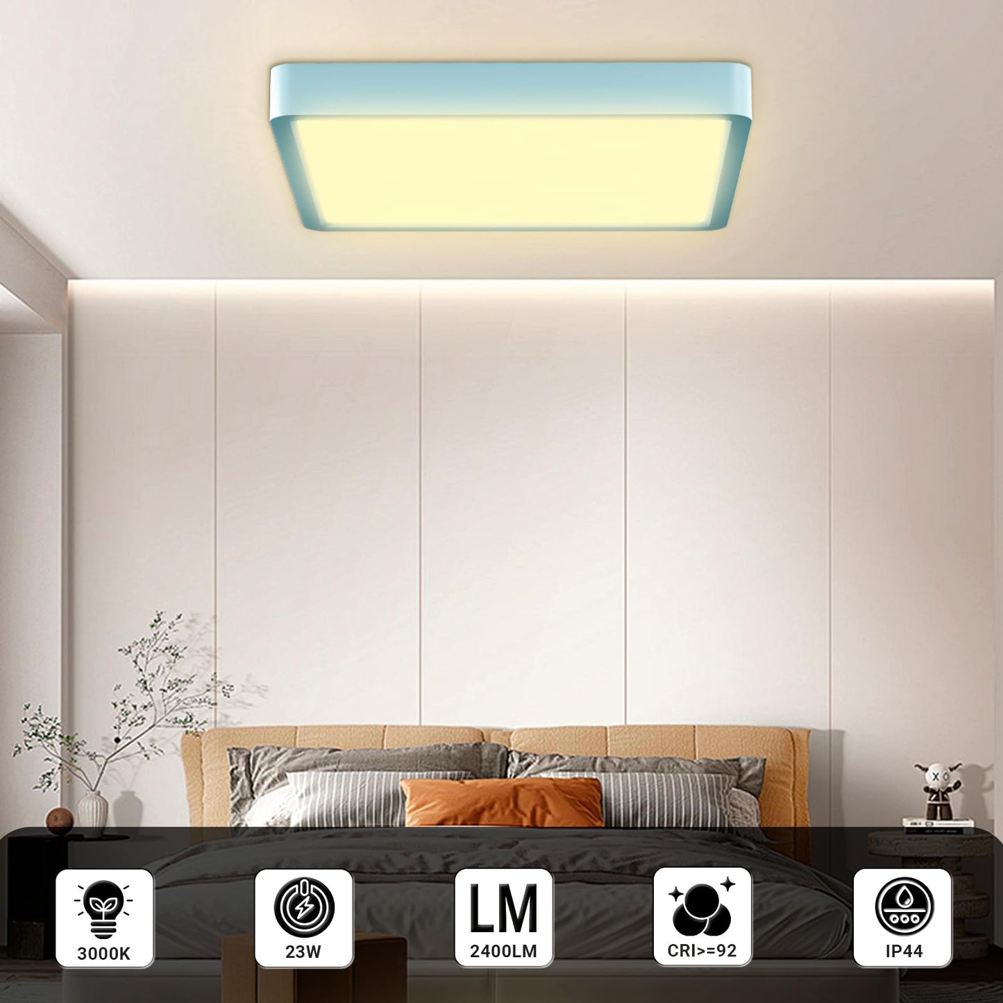 Flache quadratische LED-Deckenleuchte mit hellblauem Rand, warmweißes Licht