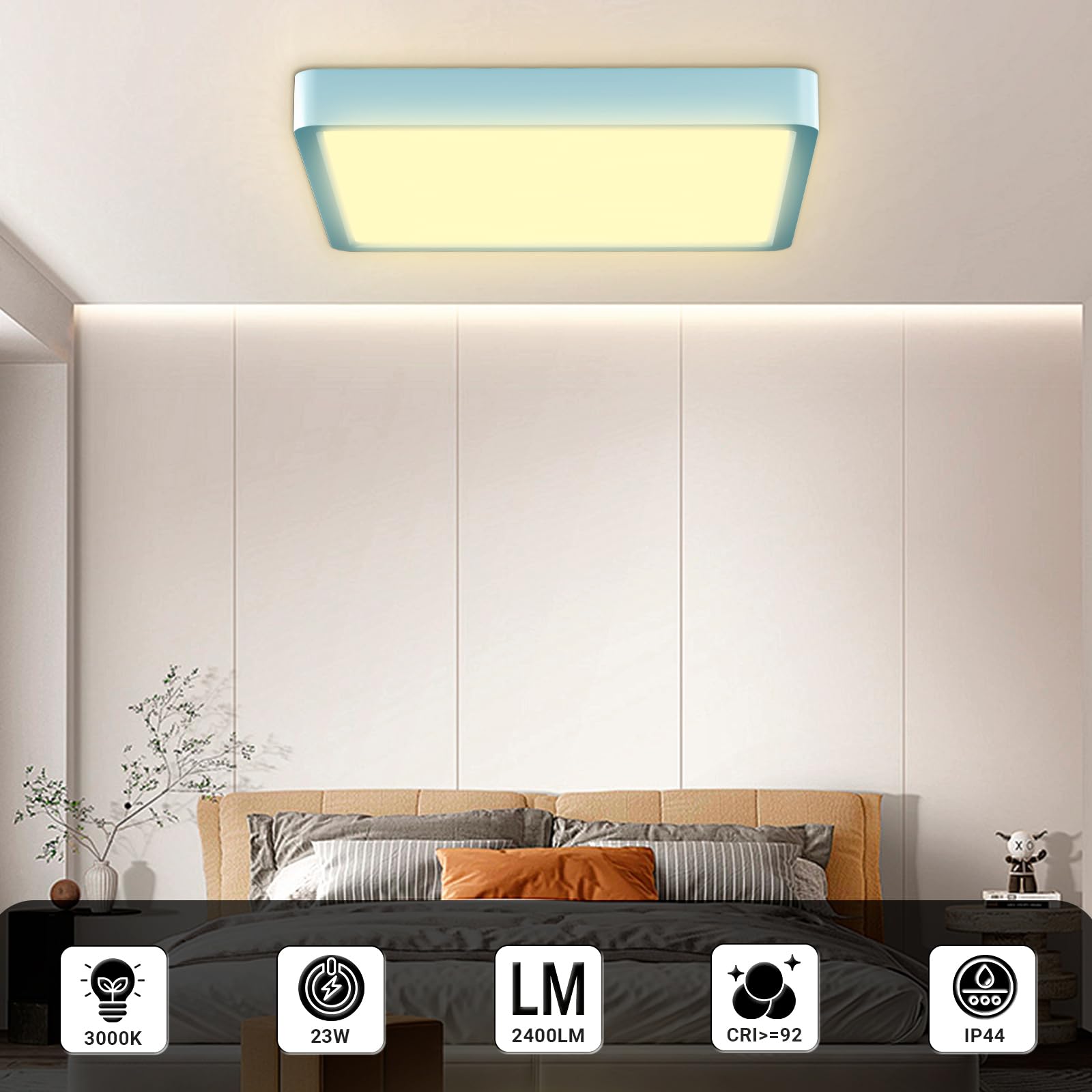 Flache quadratische LED-Deckenleuchte mit hellblauem Rand, warmweißes Licht