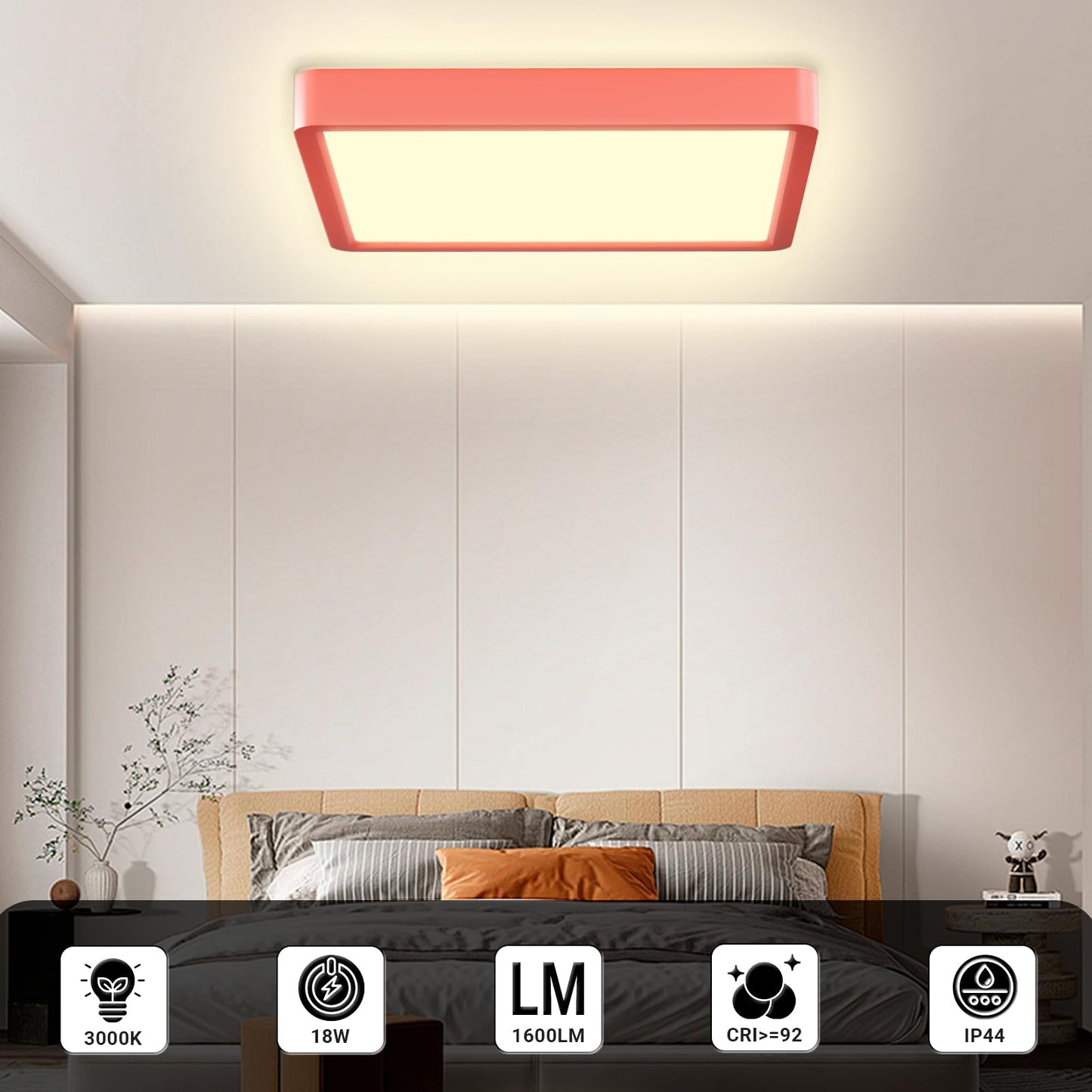 LQWELL® LED-Deckenleuchte, rechteckig, flach, rot umrandet mit warmweißem Licht