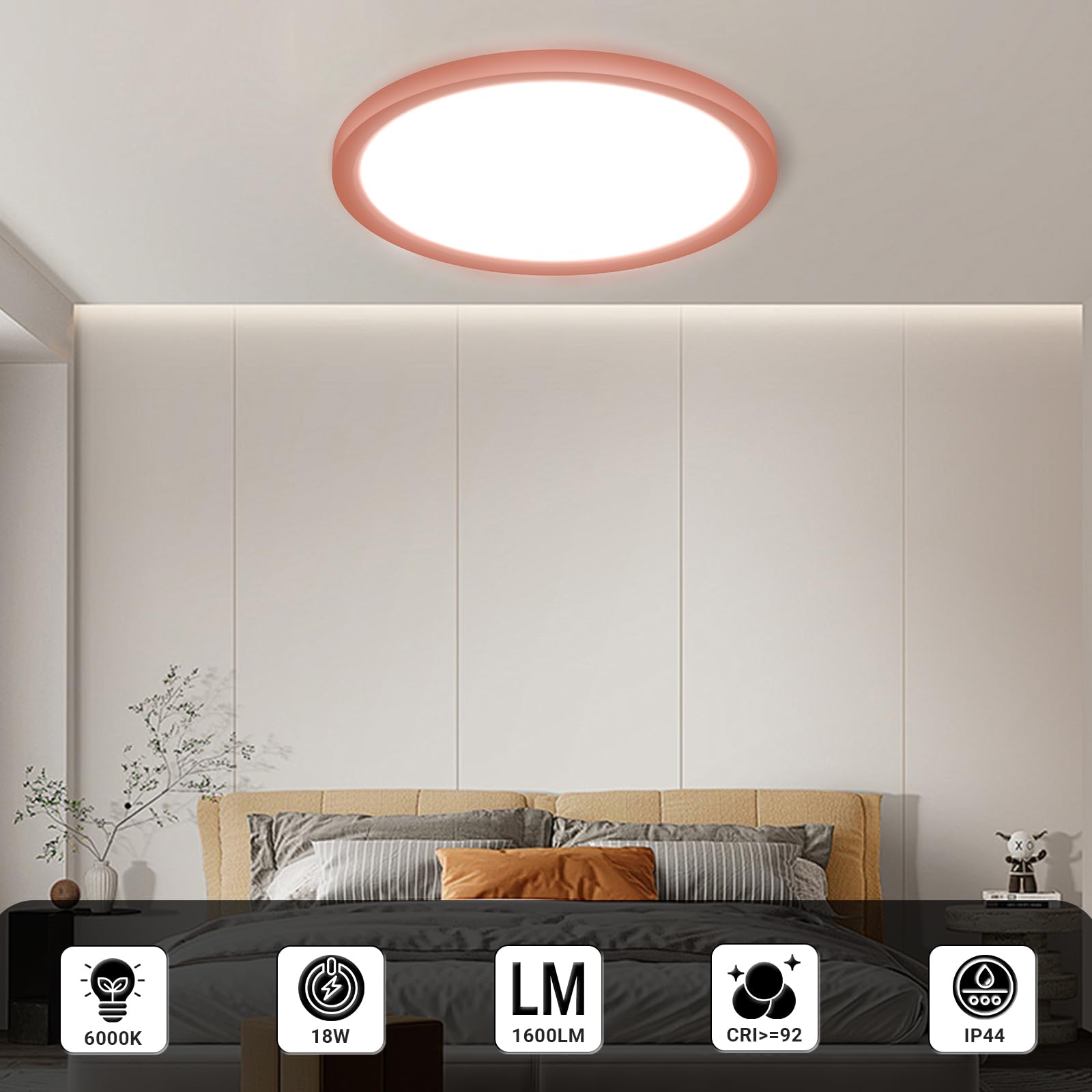 Runde LED-Deckenleuchte mit rotem Ring, flaches Gehäuse an der Decke