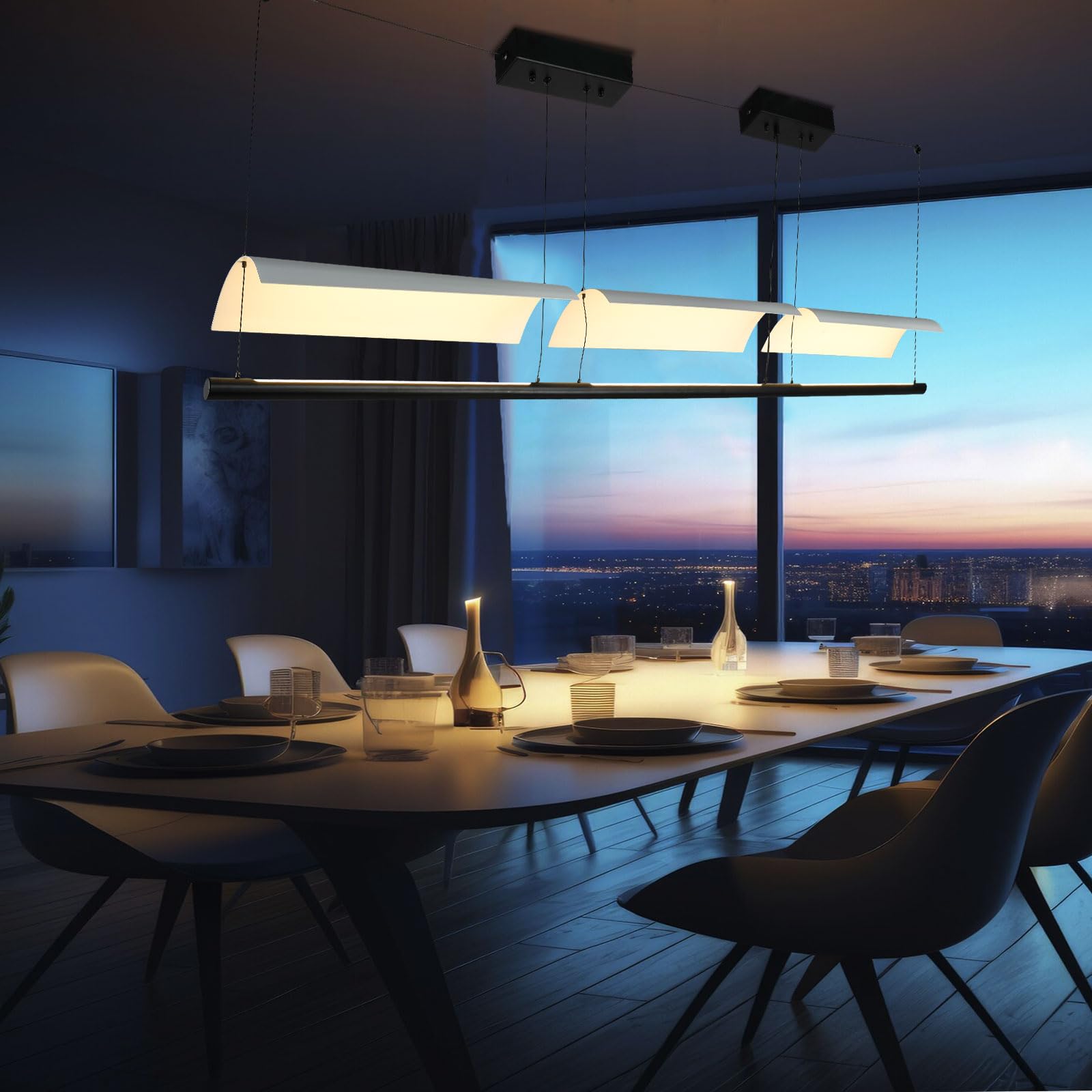 LED-Pendelleuchte mit weißen Leuchtmodulen über Esstisch, Metallbalken und Aufhängung