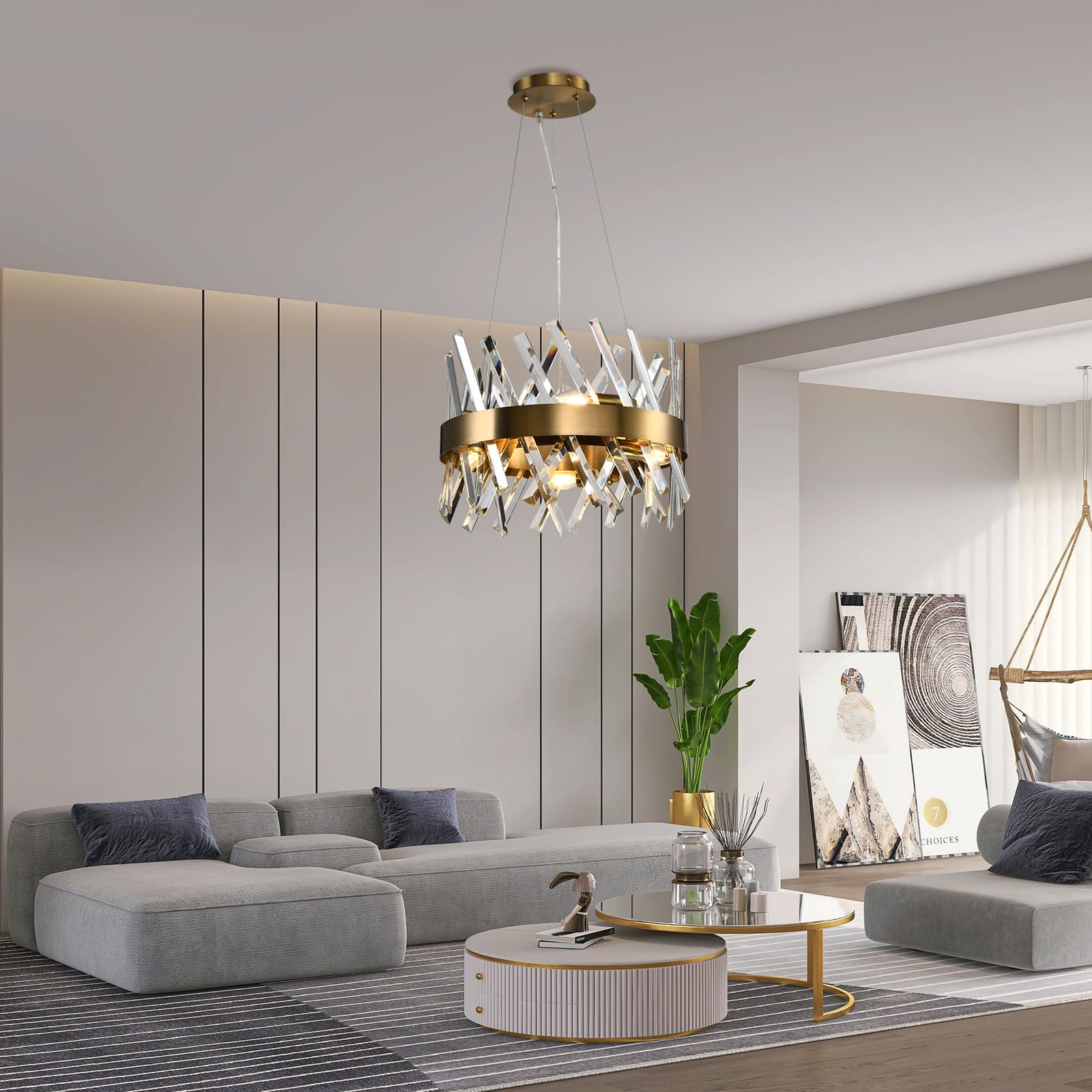 LQWELL® Kronleuchter in Champagner-Gold mit klaren Kristallhängeelementen