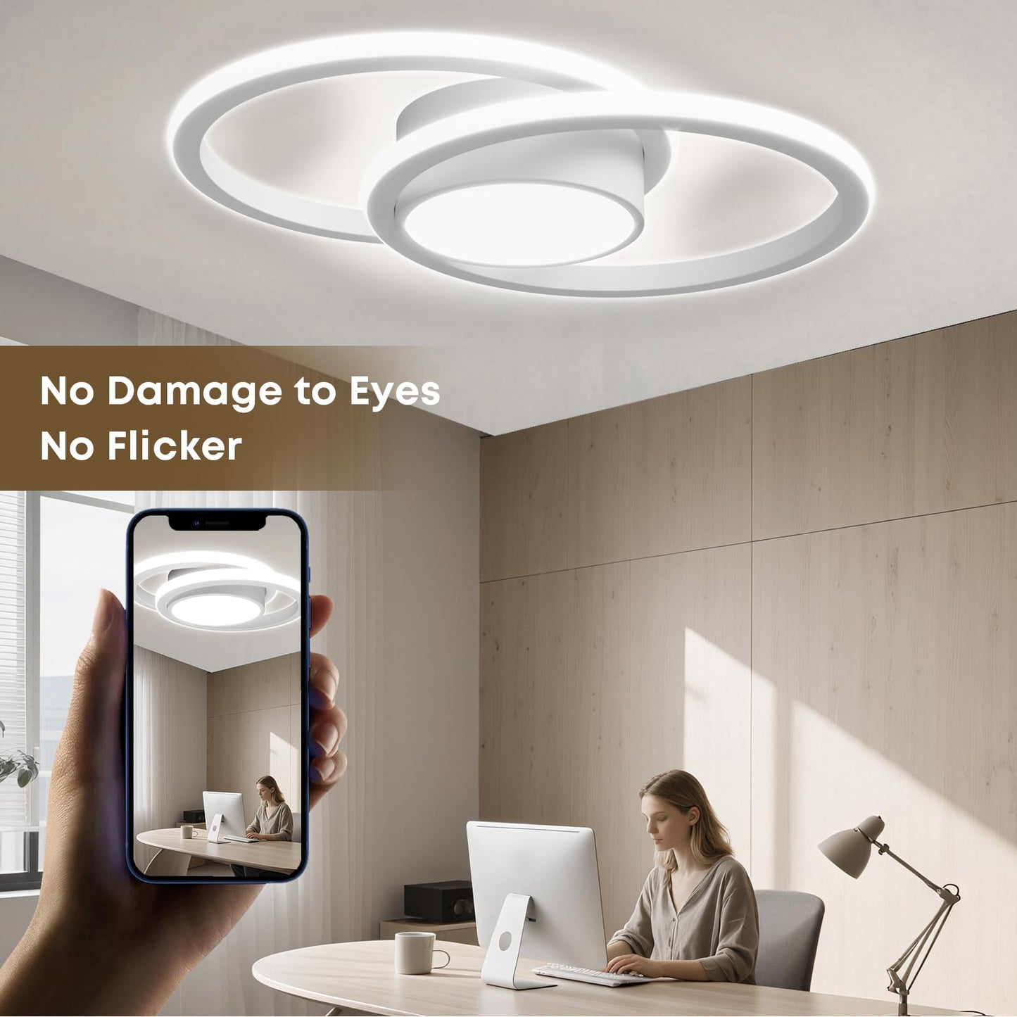 LED-Deckenleuchte mit zwei weißen Ringen am Deckenbereich, mittlerer Lichtkreis