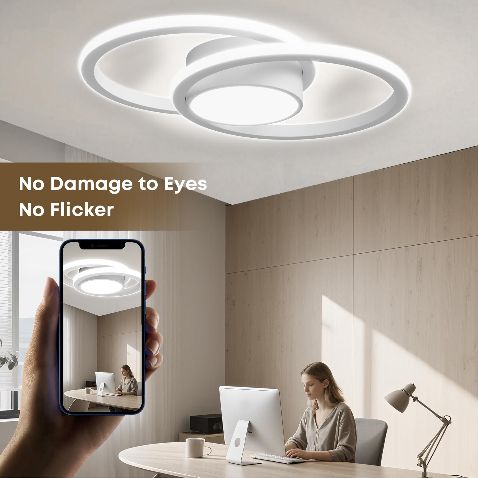 LED-Deckenleuchte mit zwei weißen Ringen am Deckenbereich, mittlerer Lichtkreis