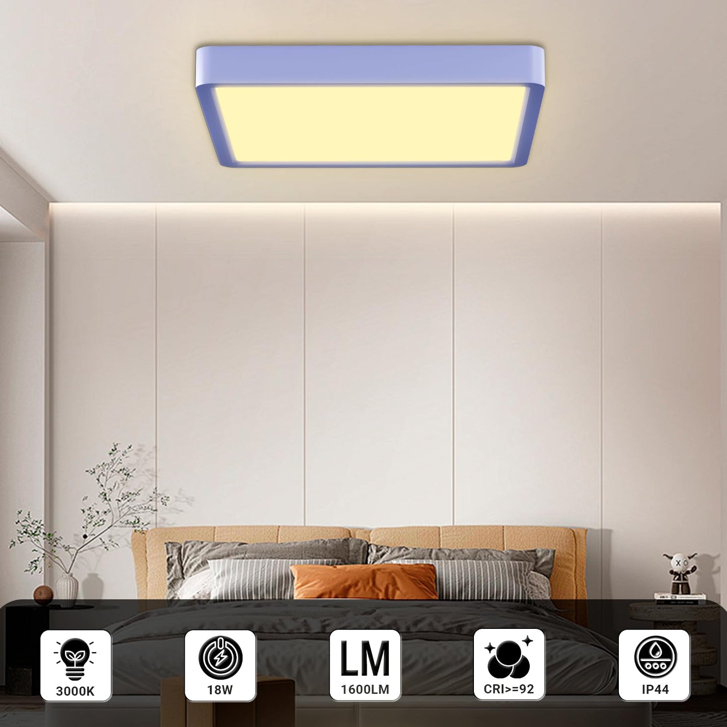 Quadratische LED-Deckenleuchte mit blauem Rahmen, leuchtet warmweiß im Raum