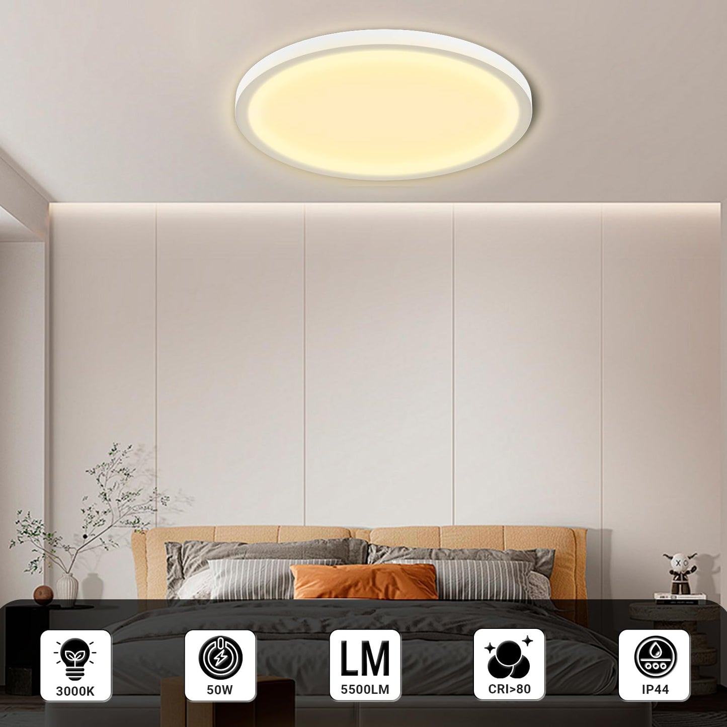 Flache runde LED-Deckenleuchte für die Decke, warmes Leuchten durch opale Scheibe