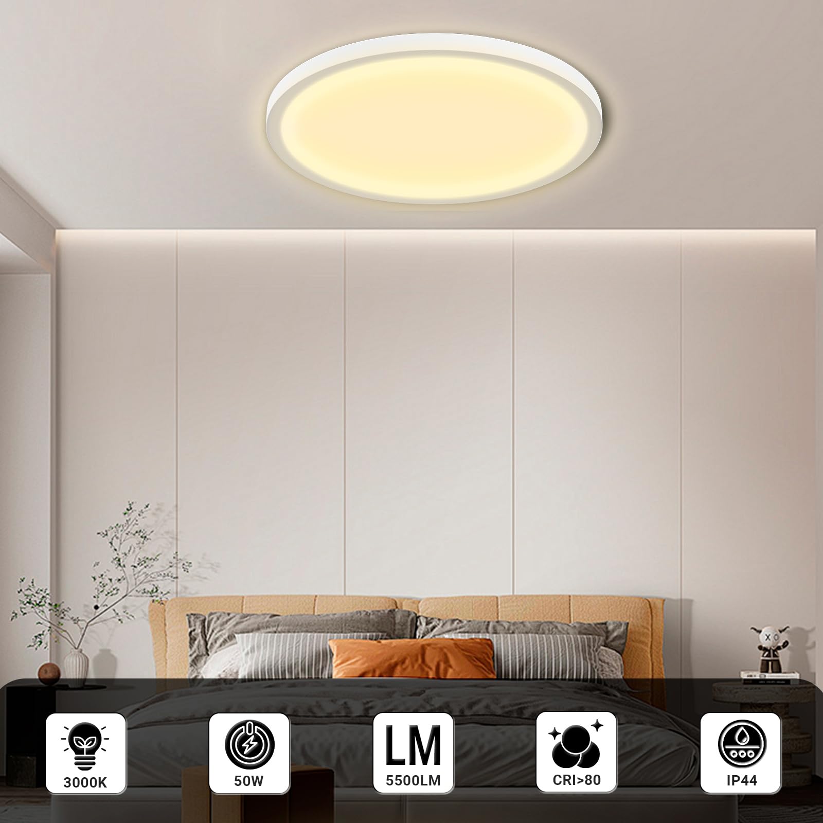 Flache runde LED-Deckenleuchte für die Decke, warmes Leuchten durch opale Scheibe