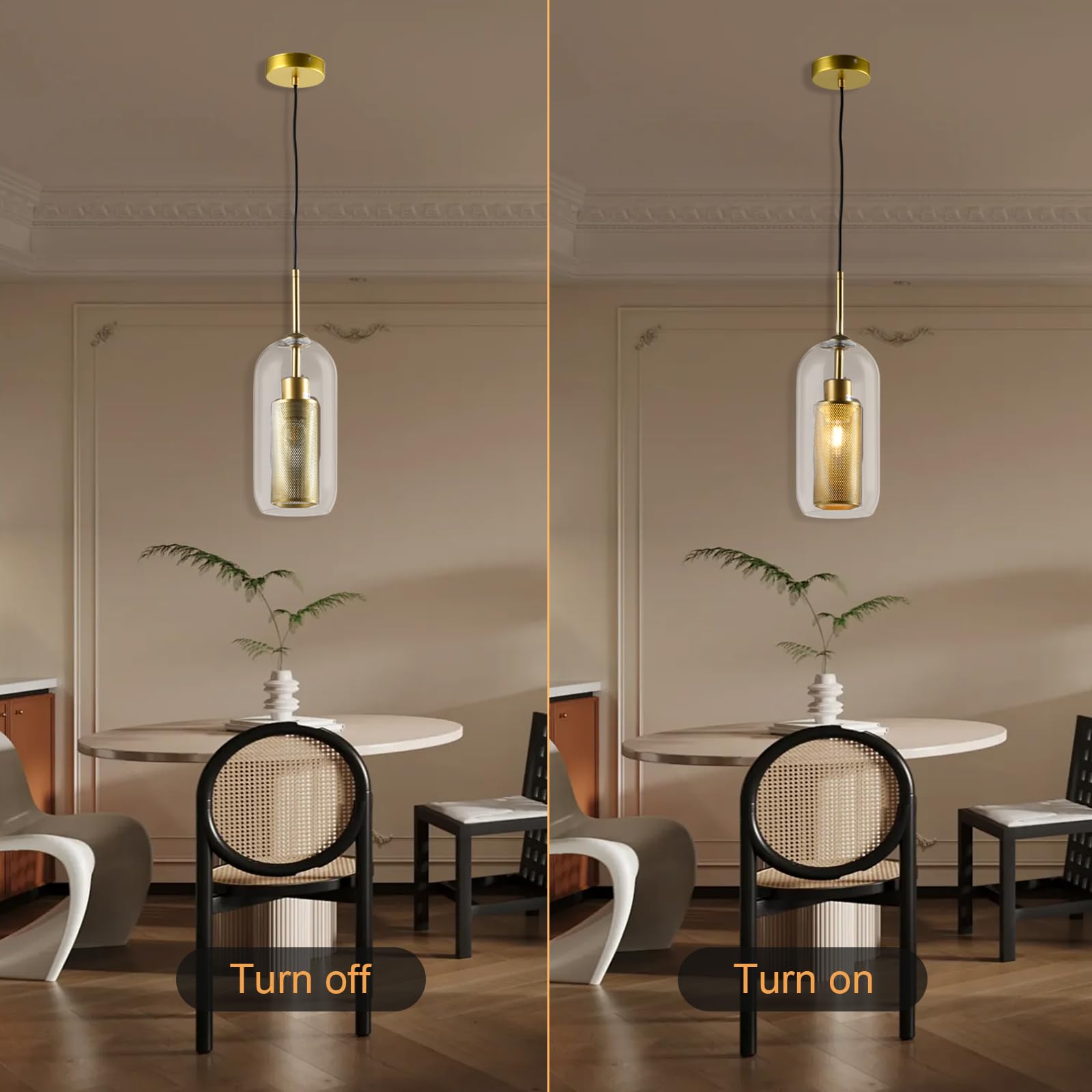 Pendelleuchte: links aus, rechts leuchtend; goldener Deckel, klarer Glasschirm