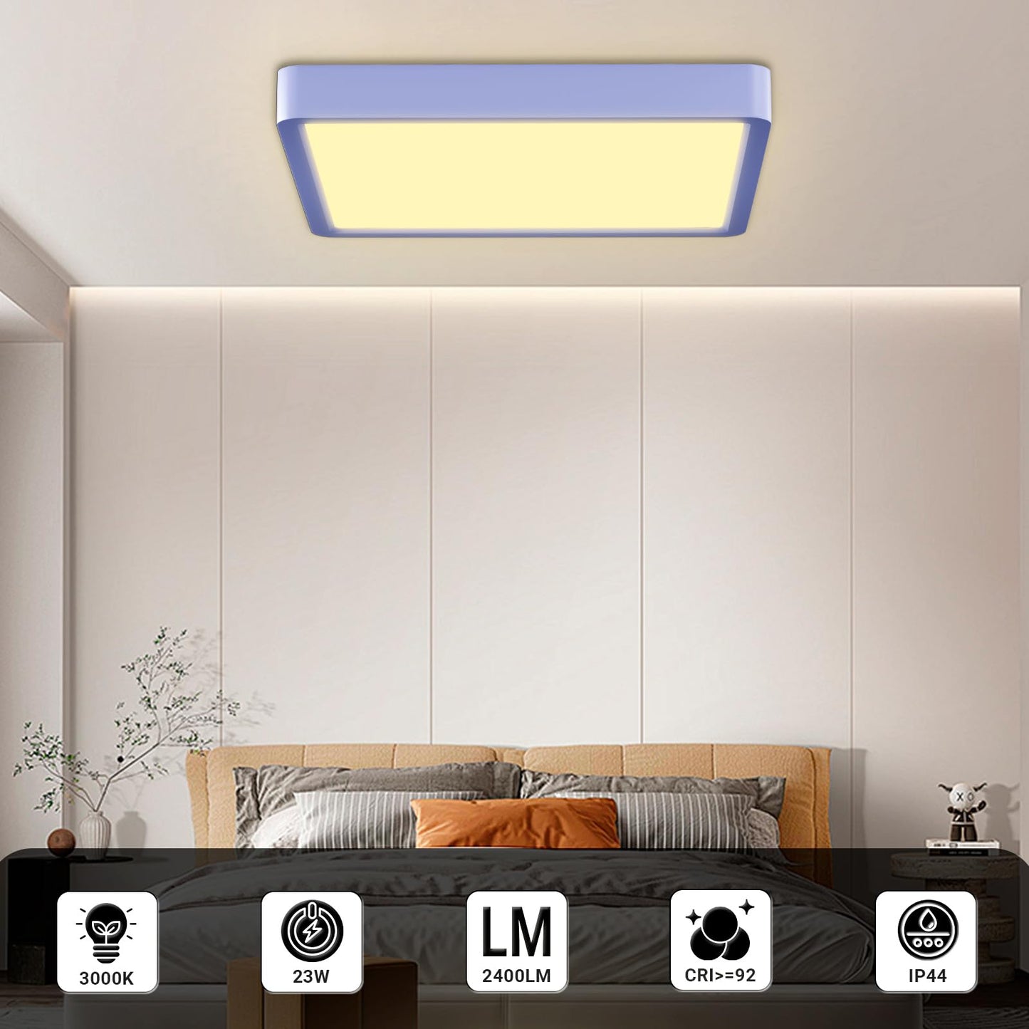 Flache quadratische LED-Deckenleuchte, warmweißes Lichtfeld, mit IP44-Icon-Aufdruck.