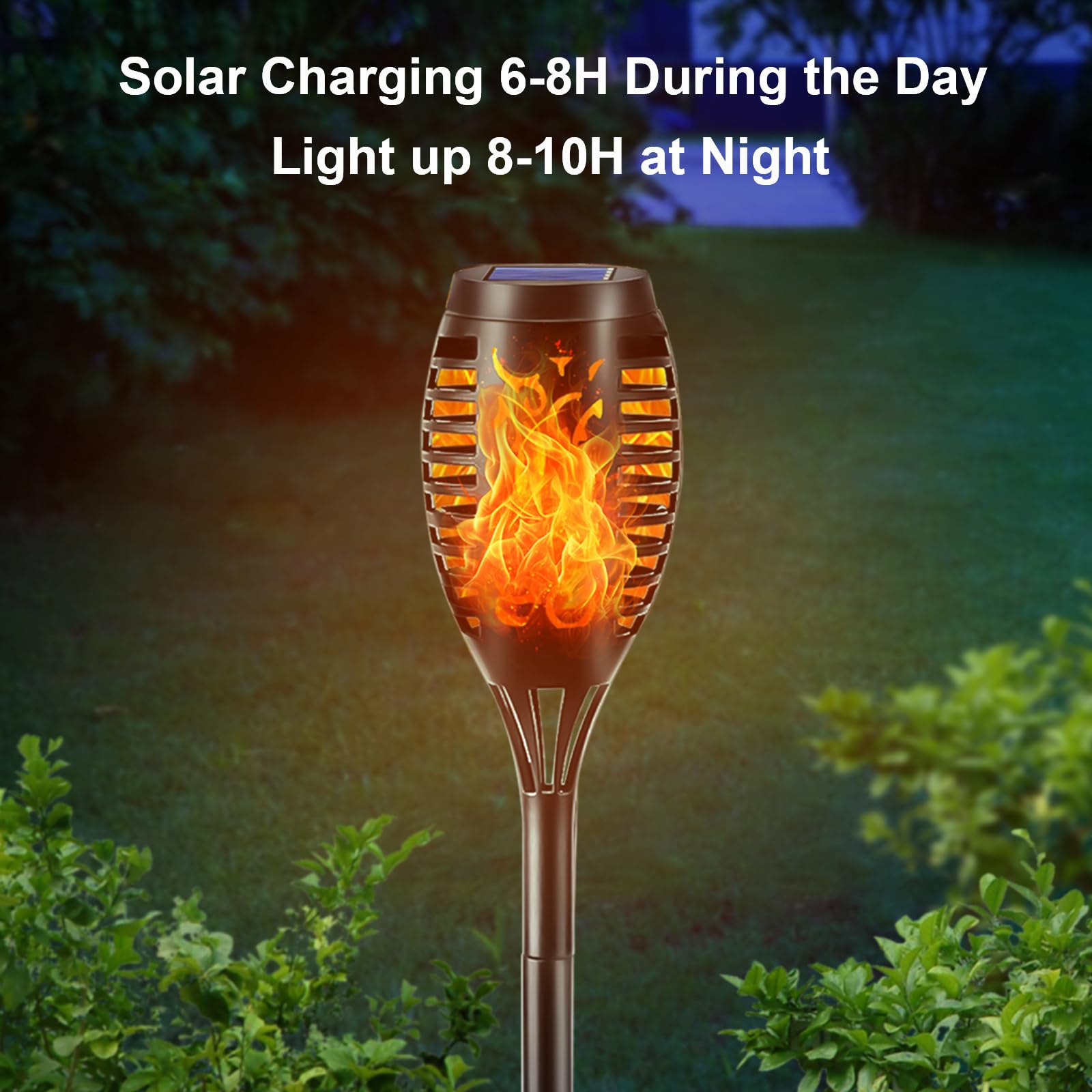 Solar-Fackellicht mit Flammeneffekt, schwarze Stehleuchte mit Solarpanel oben