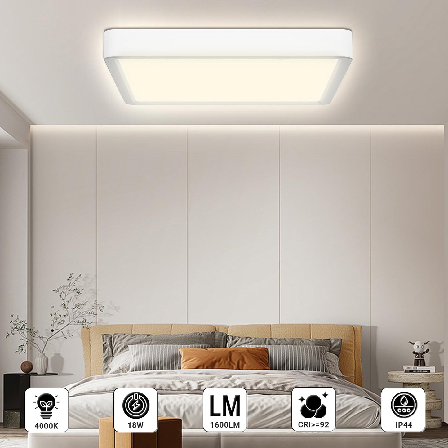 Flache quadratische LED-Deckenleuchte mit weißem Rahmen, IP44 Schutz