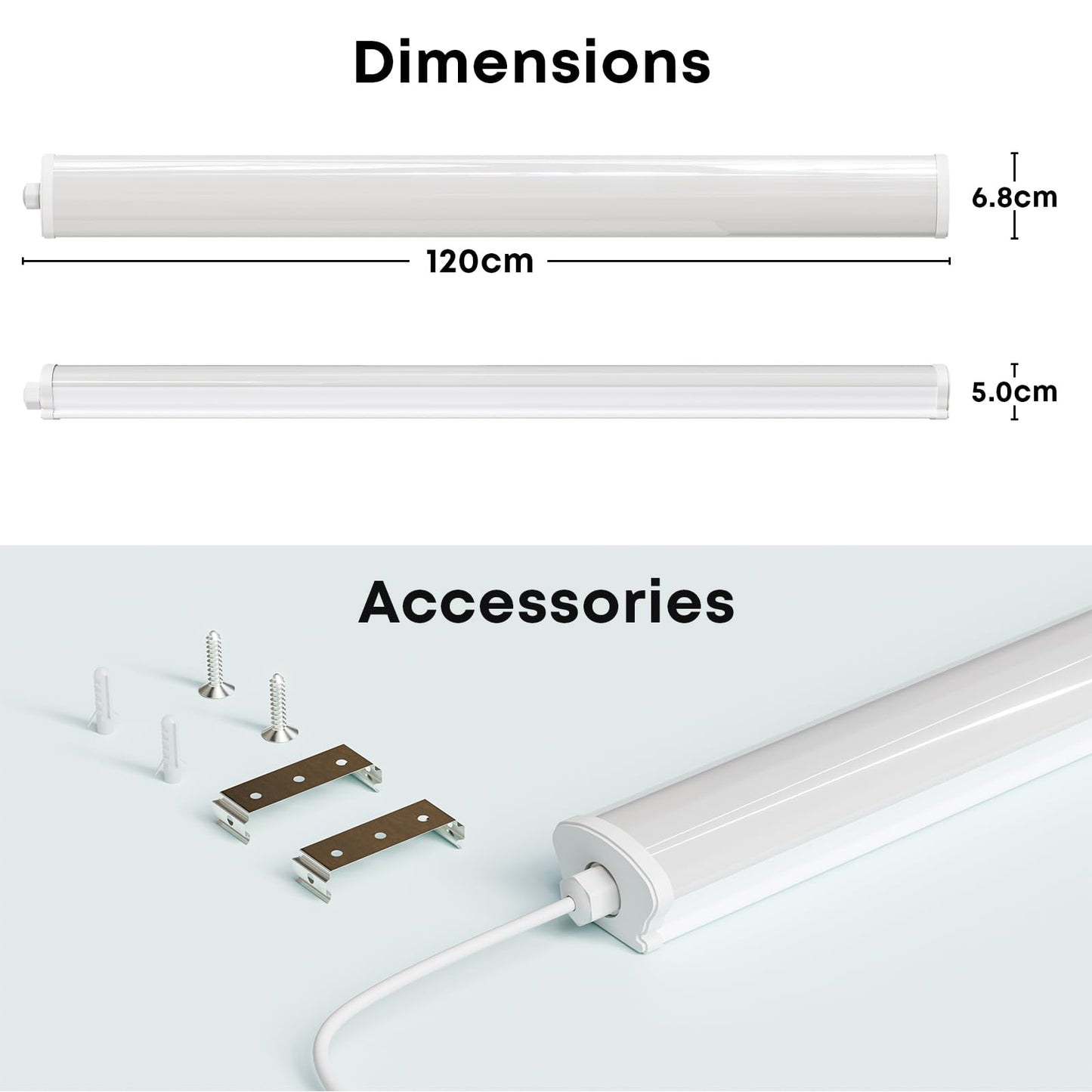 LED-Feuchtraumleuchte, Abmessungen 120 cm und Montagezubehör, weißes Wannen-Gehäuse
