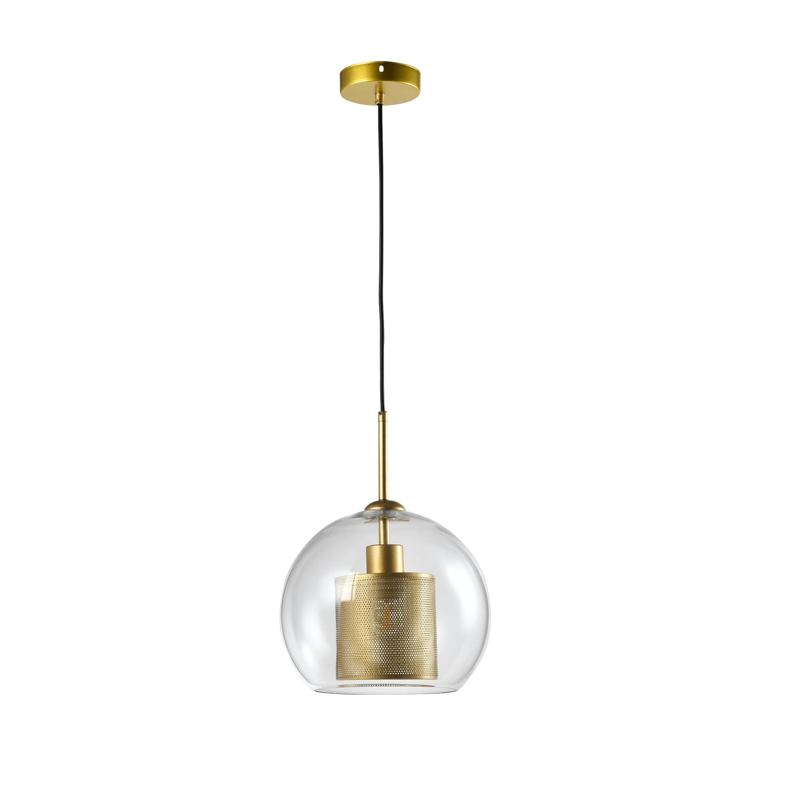 Globe-Pendelleuchte mit goldfarbener Deckenhalterung und klarem runden Glasschirm