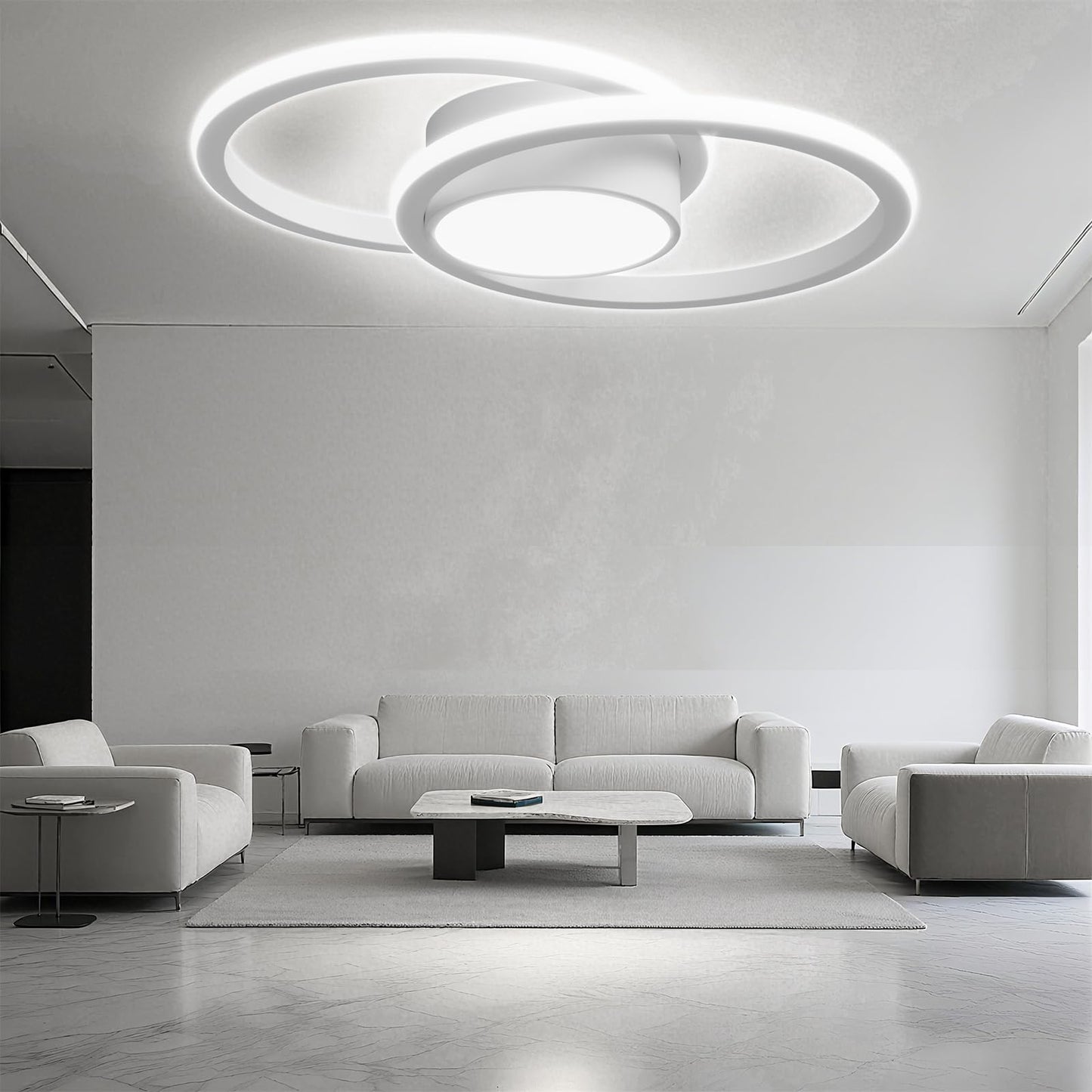 LED-Deckenleuchte mit zwei weißen Ringen und mittlerem Lichtkreis aus Metall und Acryl