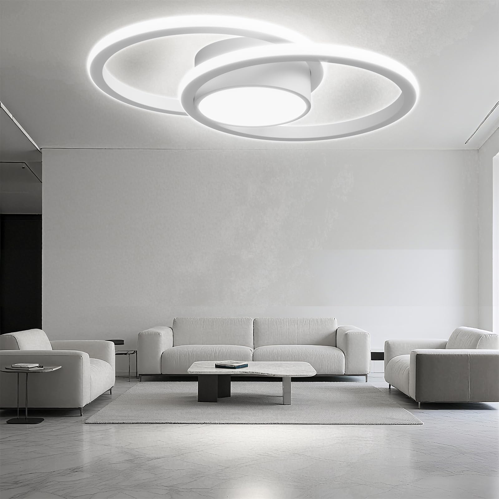 LED-Deckenleuchte mit zwei weißen Ringen und mittlerem Lichtkreis aus Metall und Acryl