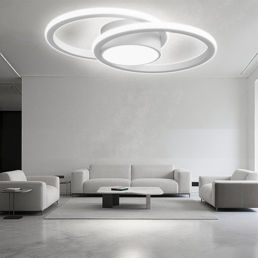LED-Deckenleuchte mit zwei weißen Ringen und mittlerem Lichtkreis aus Metall und Acryl