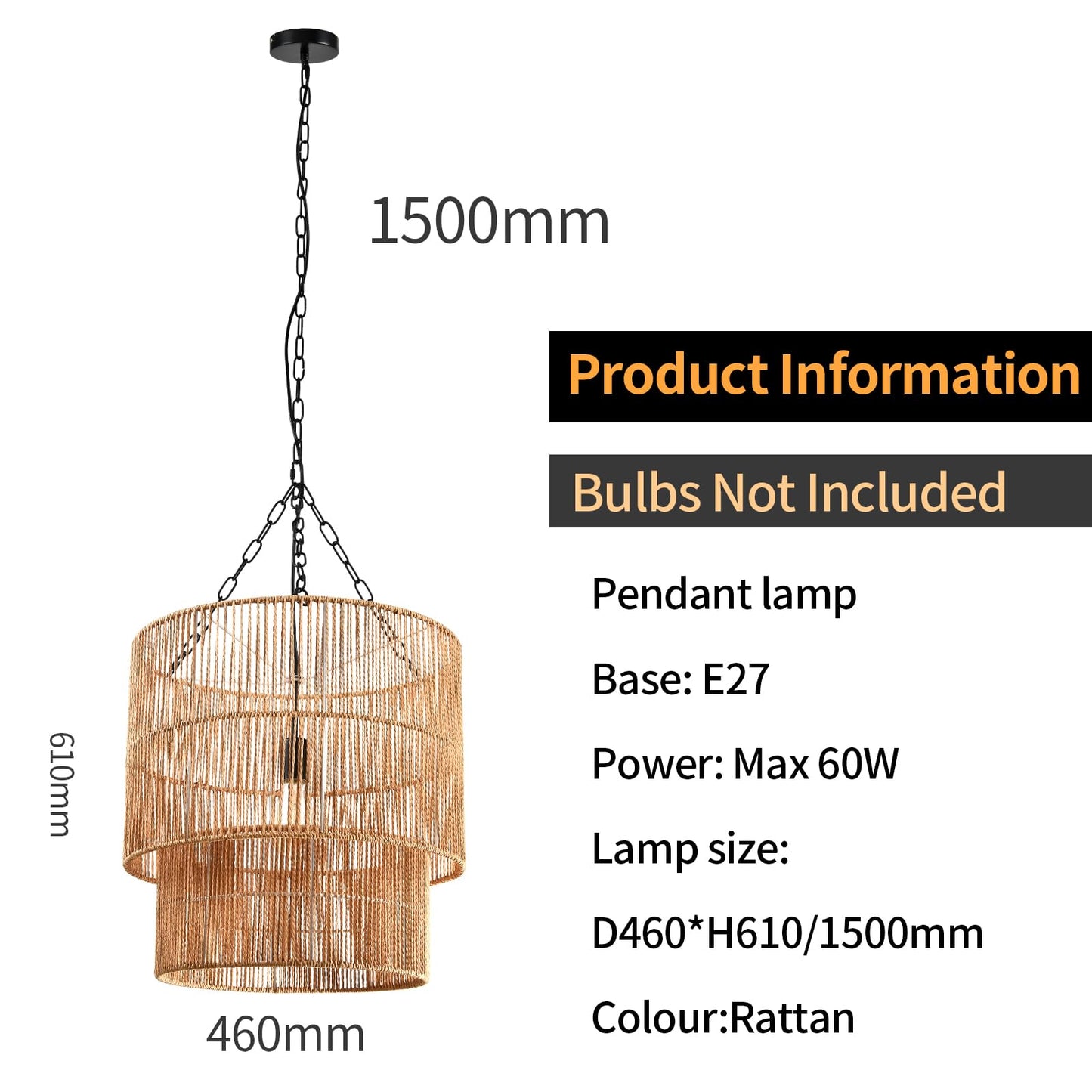 Hängelampe: zylindrischer Rattan-Schirm, Kettenaufhängung, 460×610/1500 mm