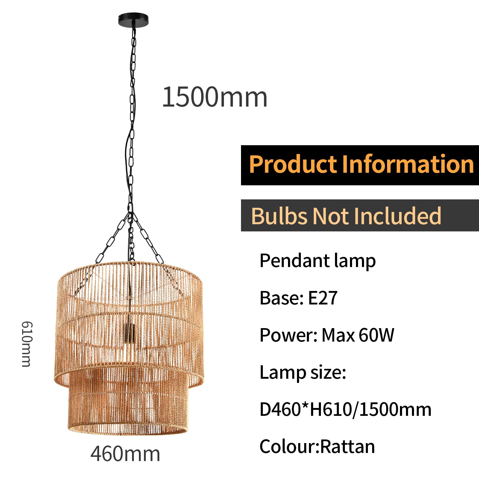 Hängelampe: zylindrischer Rattan-Schirm, Kettenaufhängung, 460×610/1500 mm