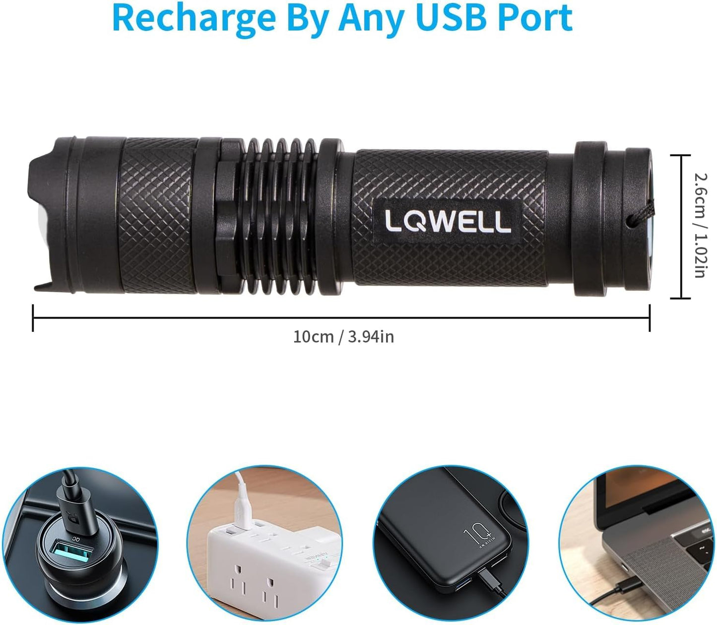 LQWELL Mini-Taschenlampe, schwarz, mit USB-C-Ladeanschluss; kompakte Bauform