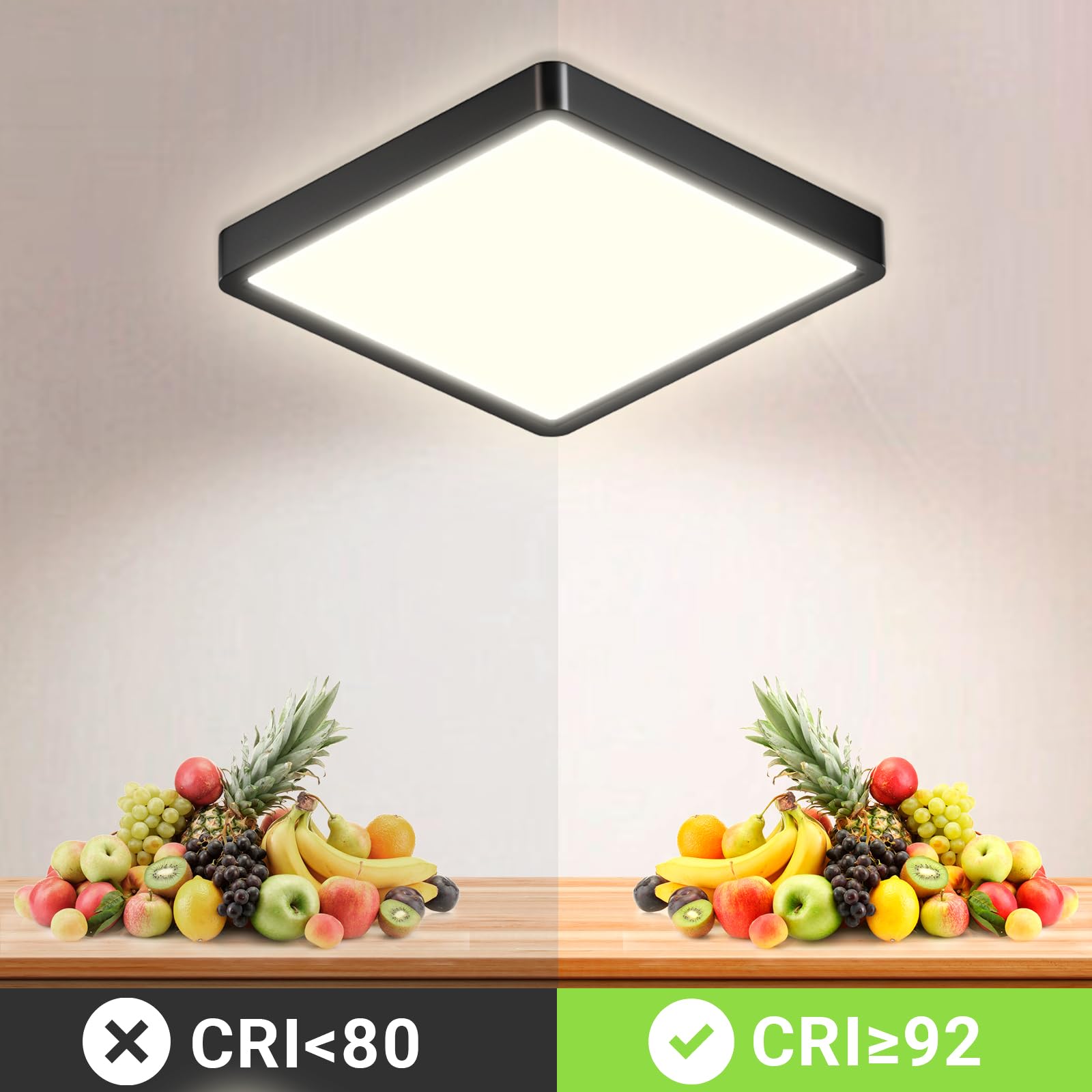 Quadratische LED-Deckenleuchte mit schwarzem Rahmen und flacher weißer Lichtfläche