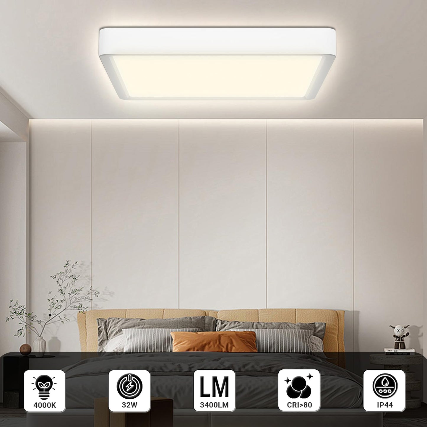 Flache quadratische LED-Deckenleuchte mit Icon-Infos zu Lichtleistung und IP44