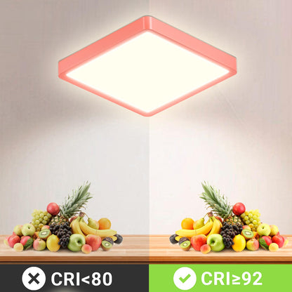 Quadratische LED-Deckenleuchte mit rotem Rand, flache Bauform, helles Licht