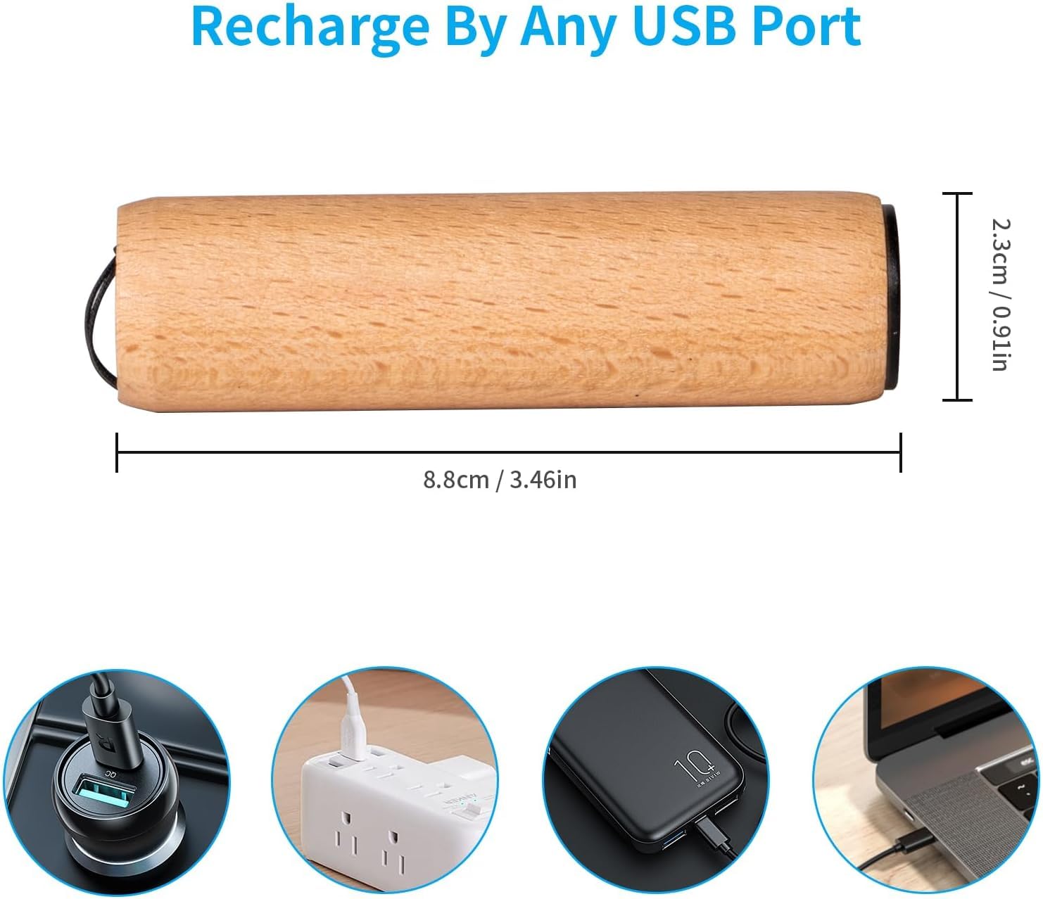 USB-C Mini-Taschenlampe mit Holzgehäuse, schwarze Kordel, Seitenansicht