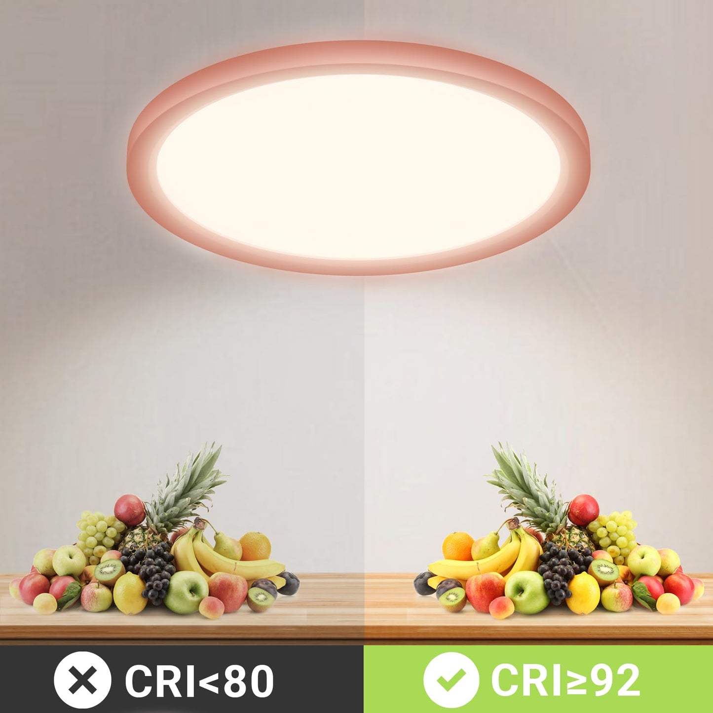 Runde LED-Deckenleuchte mit rosafarbenem Ring, warmweißes Licht, CRI-Hinweis